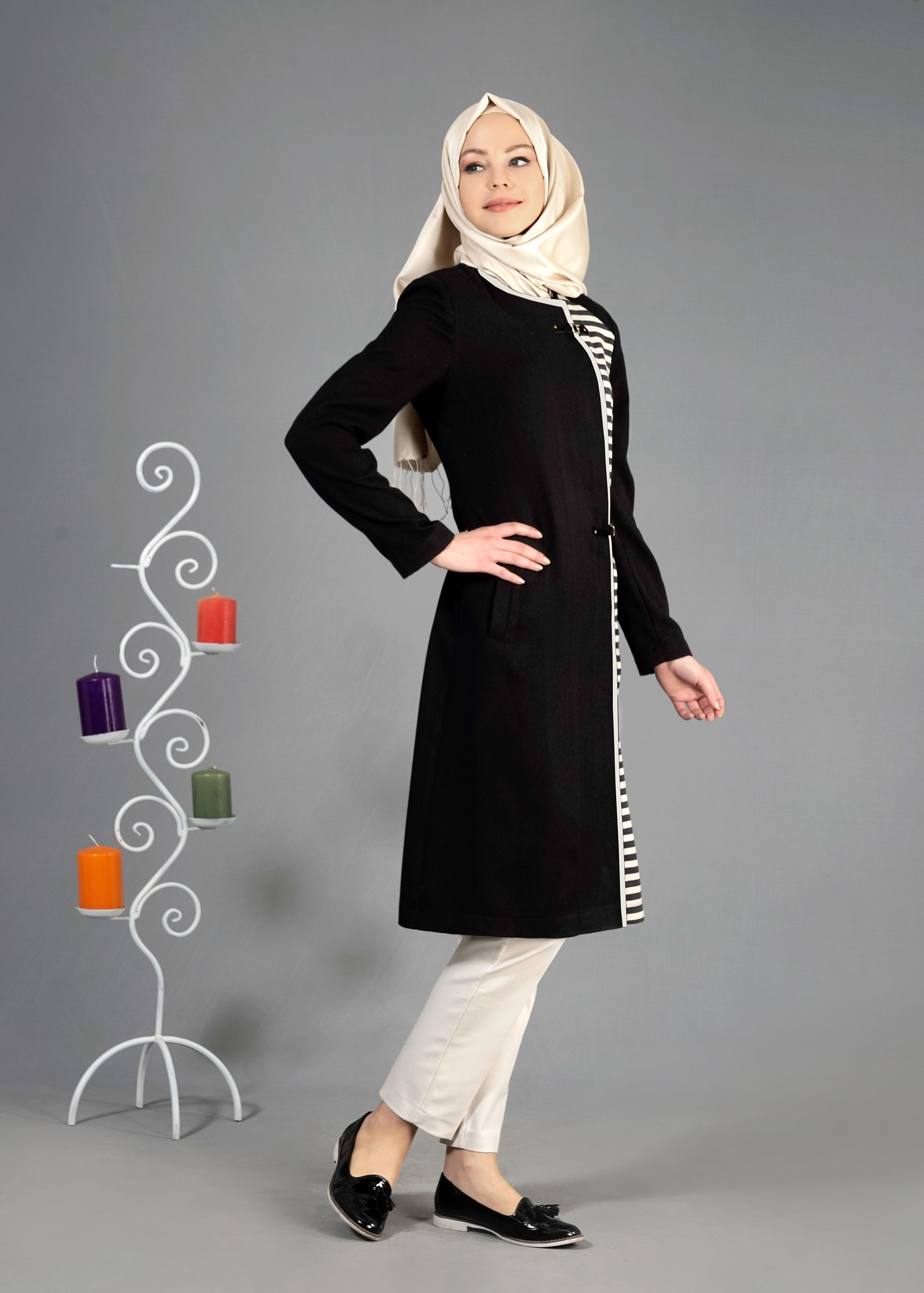 Tesettür giyim SİYAH 1743 Düz Tesettür Trench 38/46 TEK40