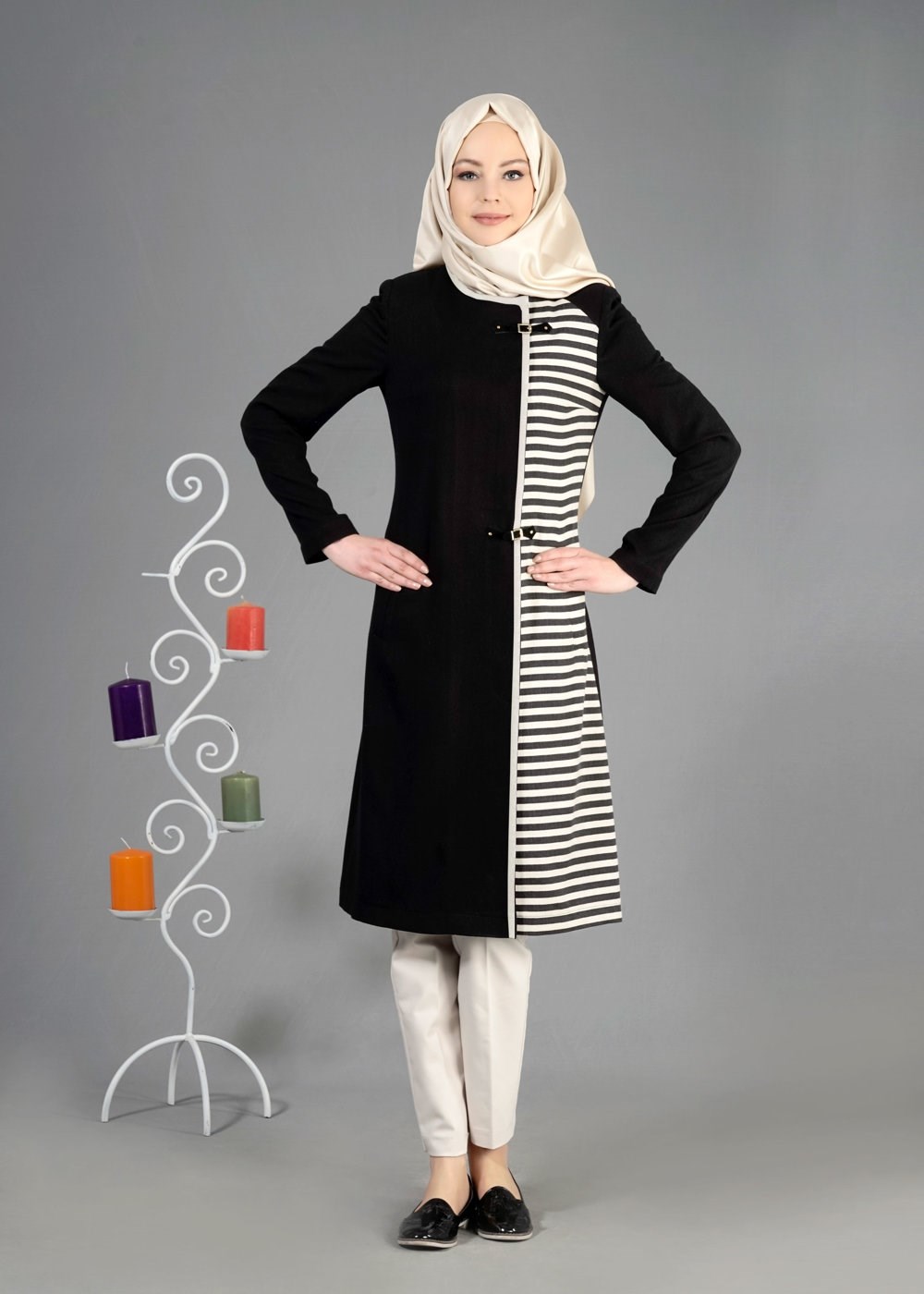 Tesettür giyim SİYAH 1743 Düz Tesettür Trench 38/46 TEK40