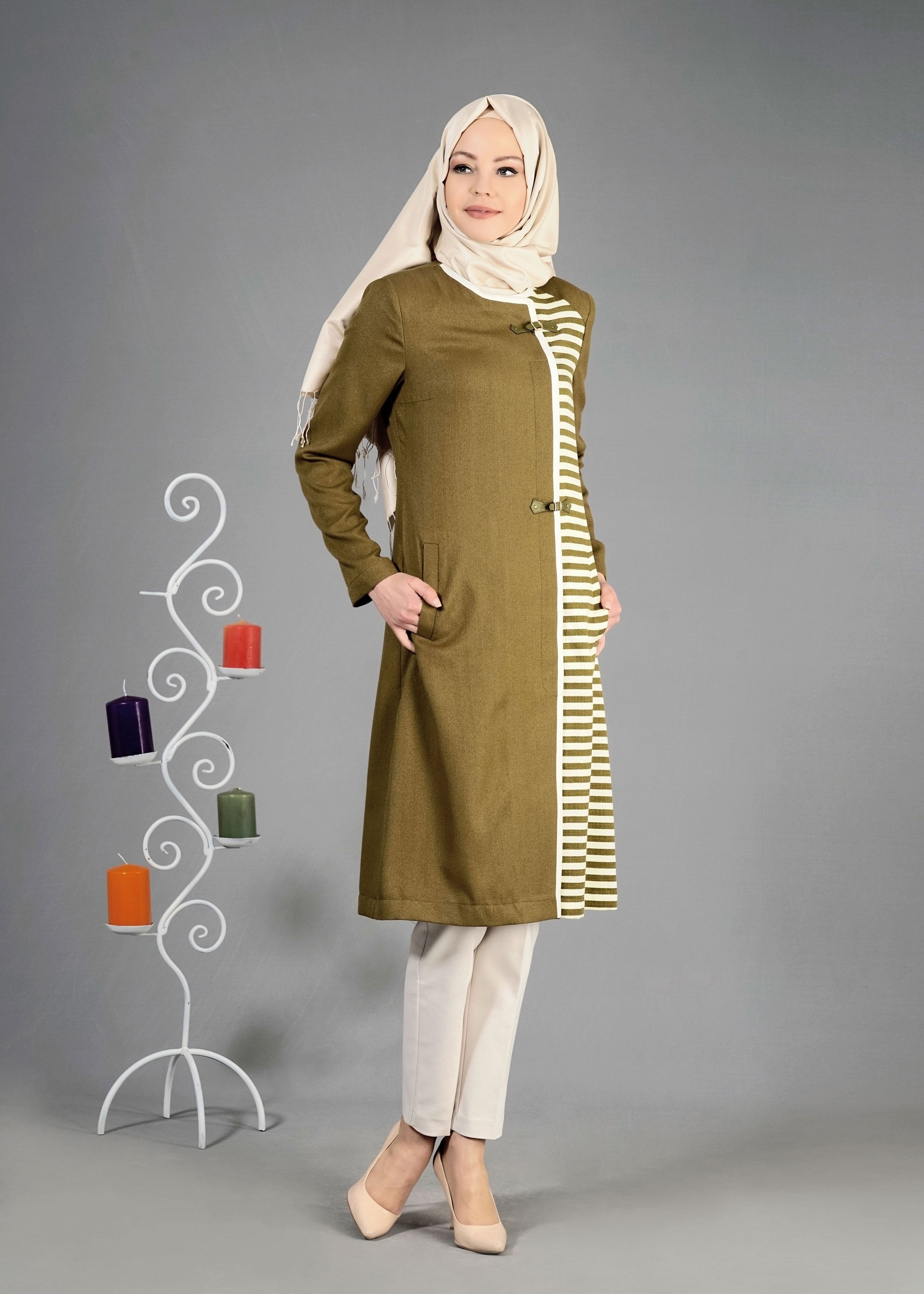 Tesettür giyim HAKİ 1743 Düz Tesettür Trench 38/46 TEK40