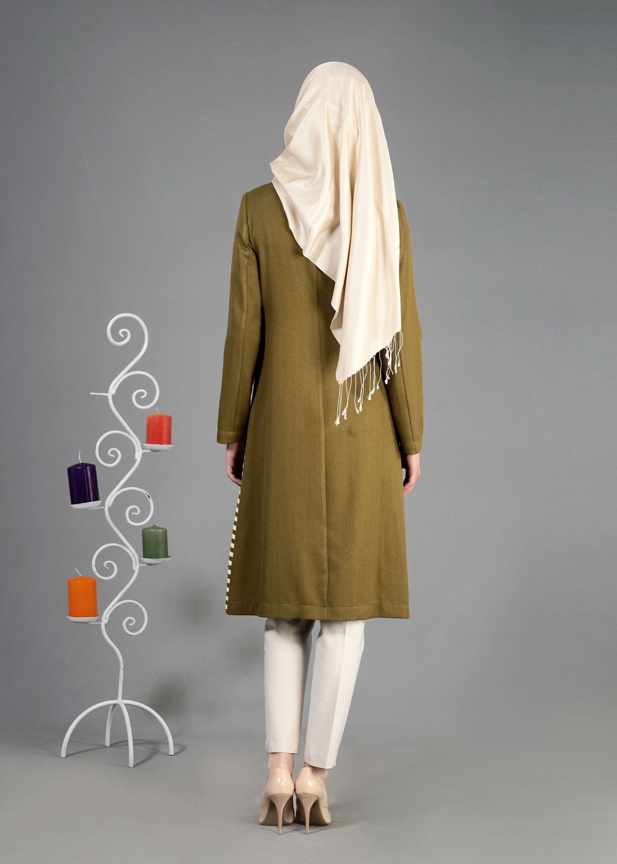 Tesettür giyim HAKİ 1743 Düz Tesettür Trench 38/46 TEK40