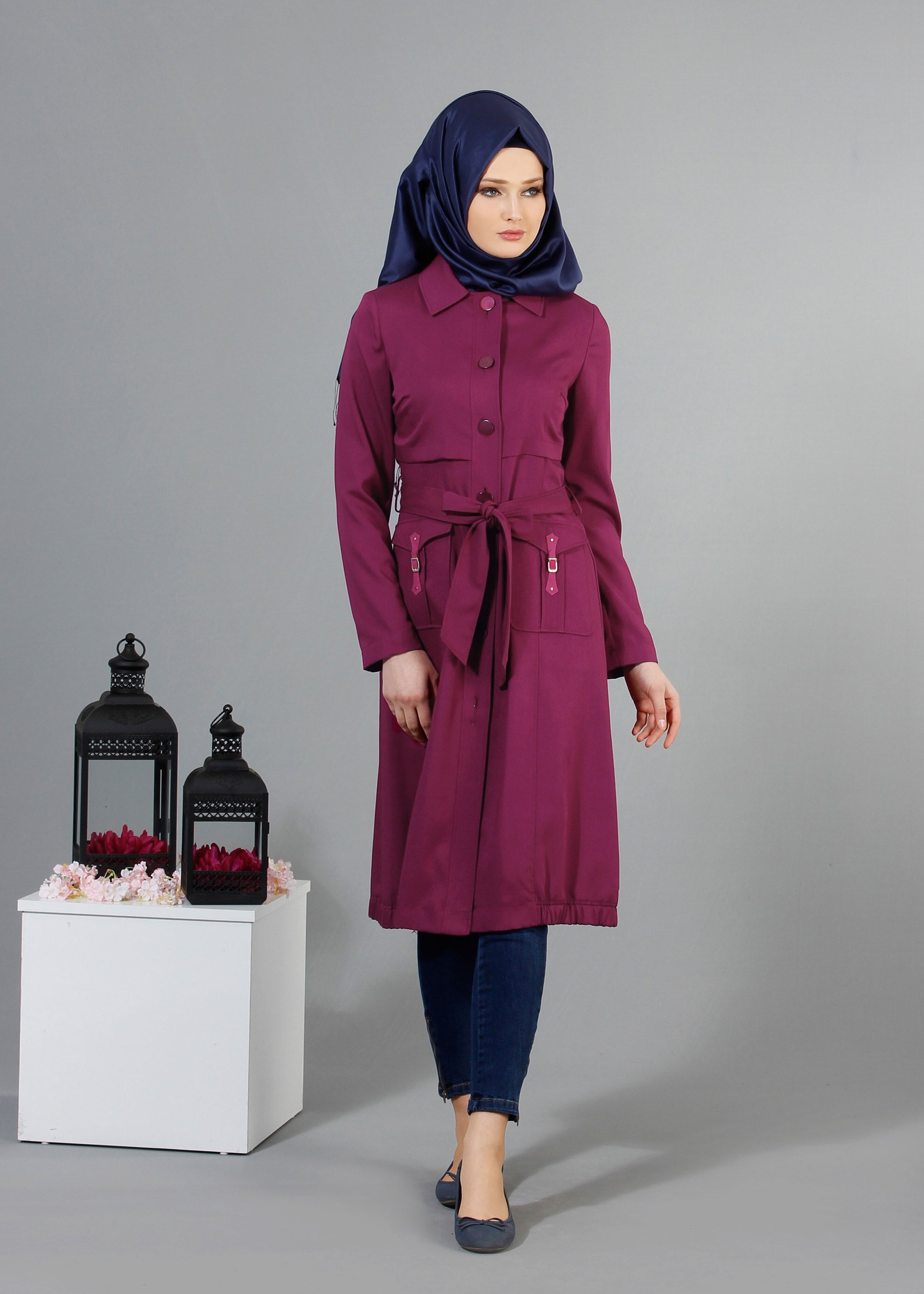 Tesettür giyim MOR DÜĞMELİ CEPLİ KUŞAKLI TRENÇKOT 1744 