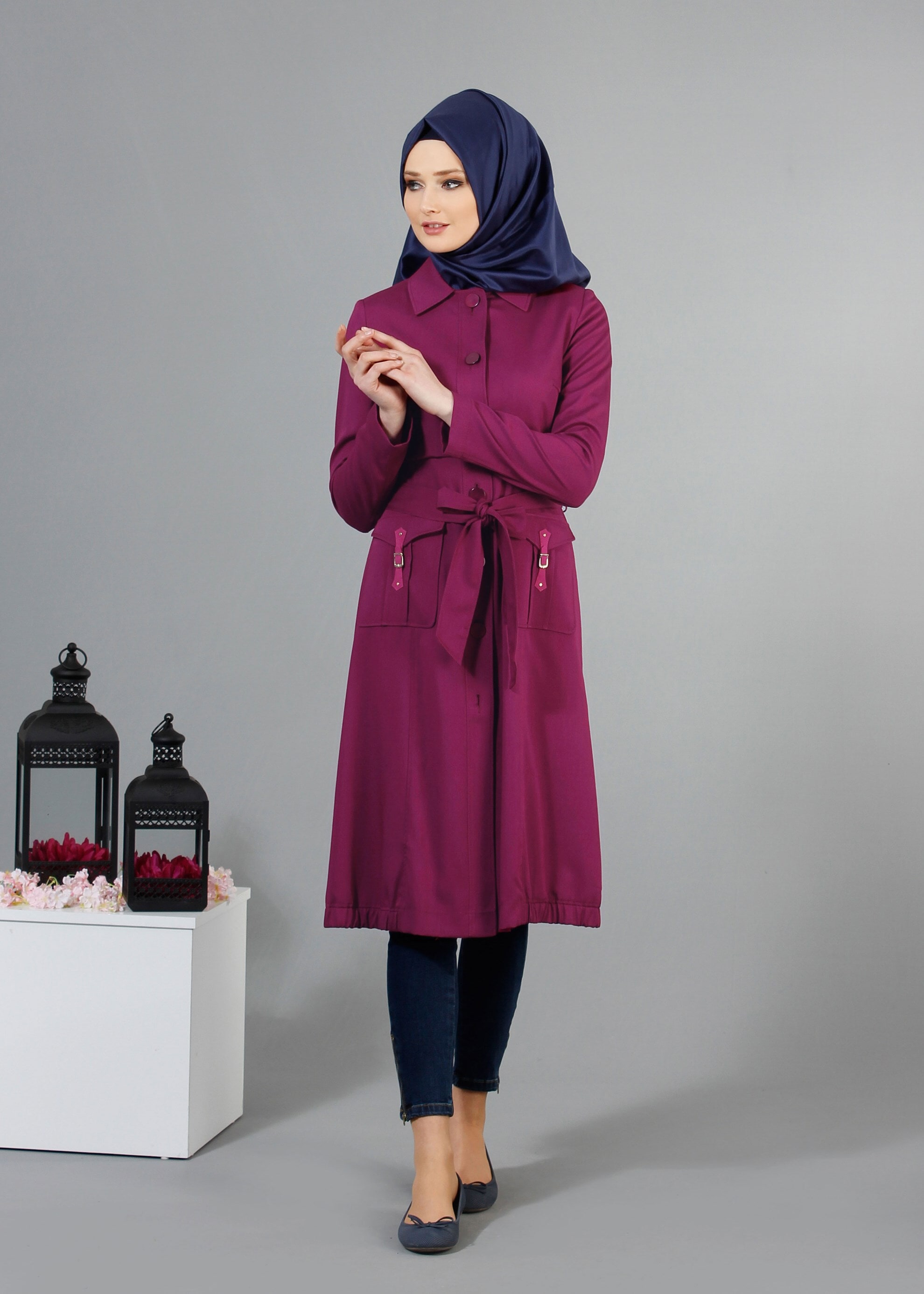 Tesettür giyim MOR DÜĞMELİ CEPLİ KUŞAKLI TRENÇKOT 1744 