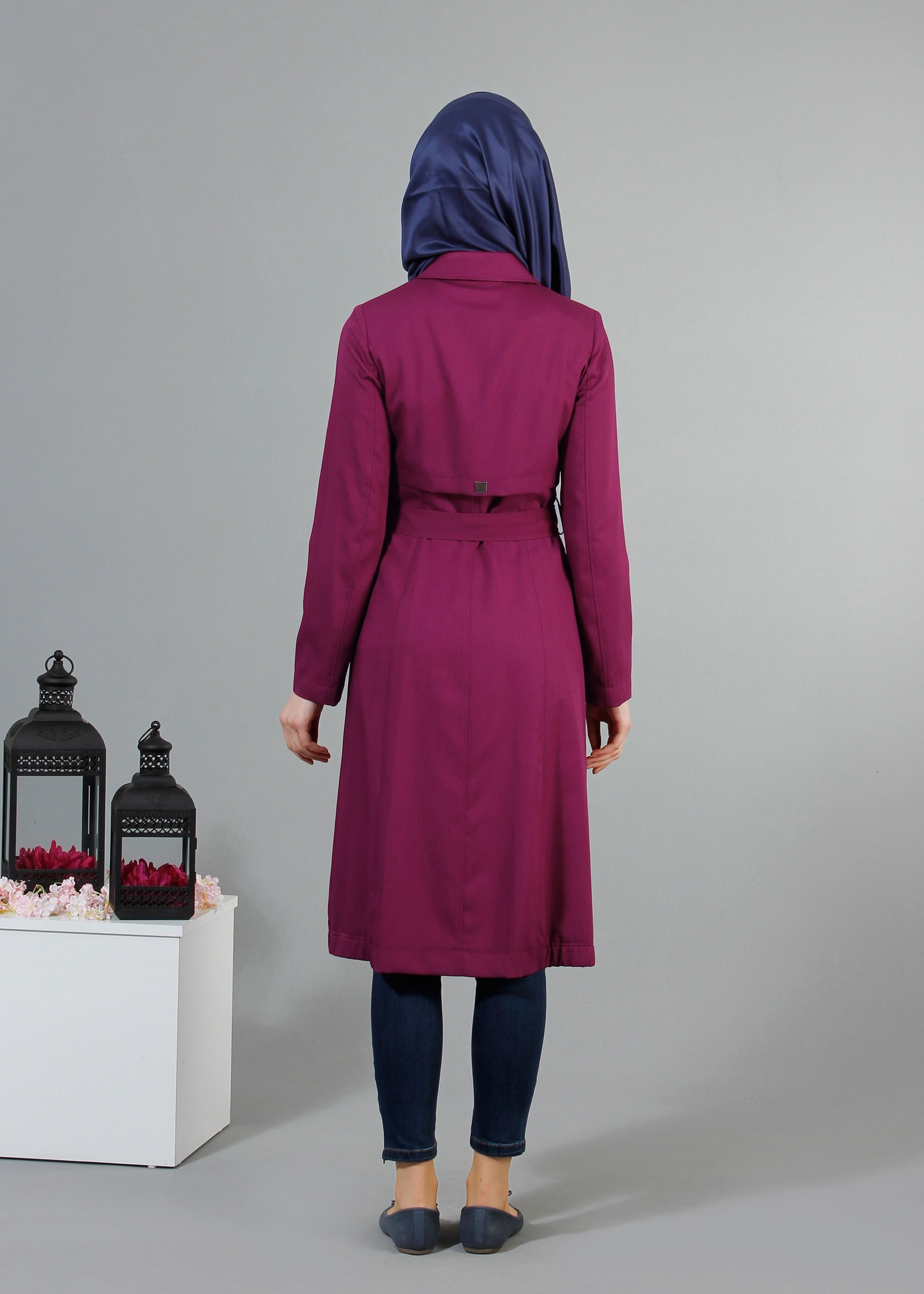 Tesettür giyim MOR DÜĞMELİ CEPLİ KUŞAKLI TRENÇKOT 1744 