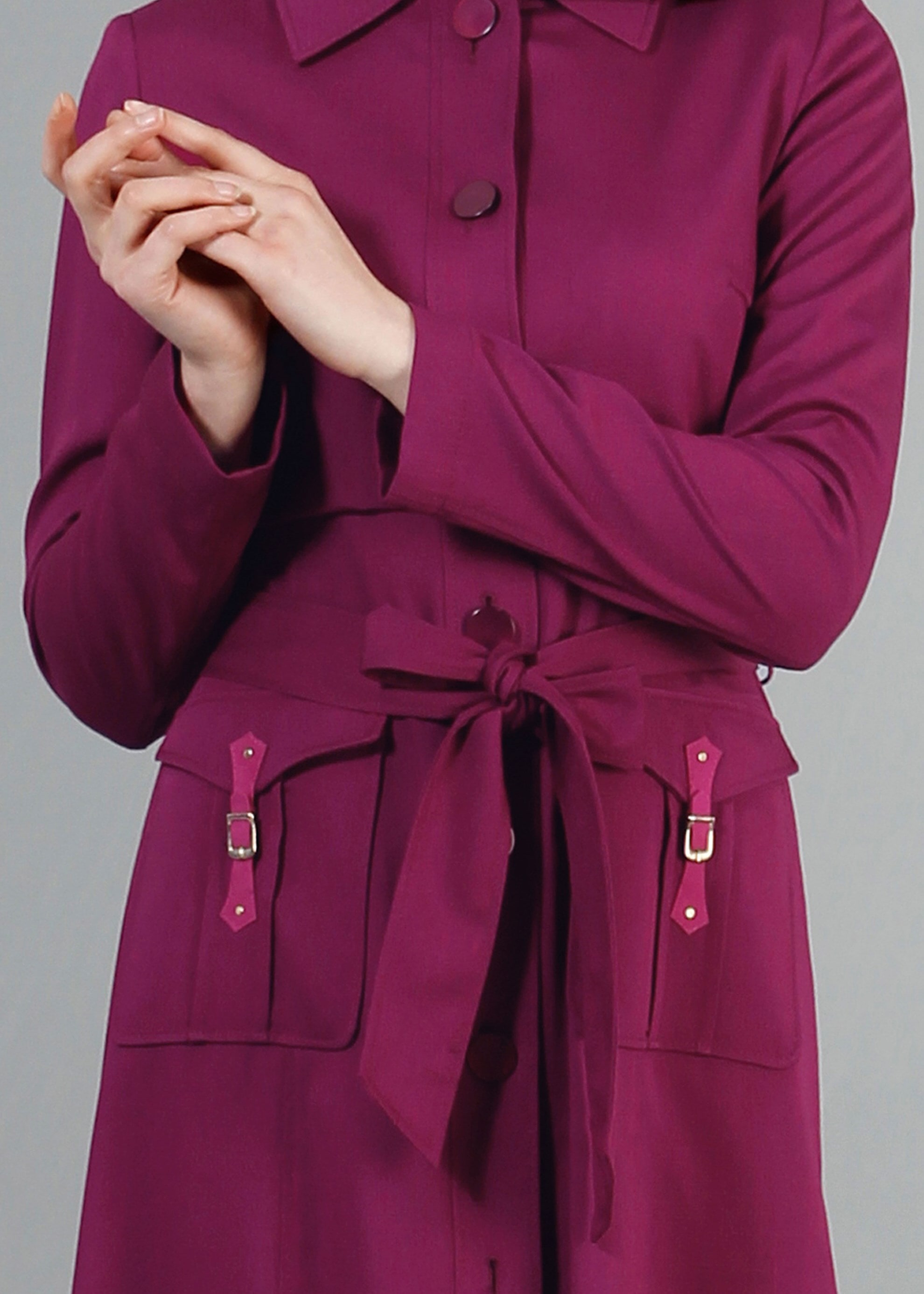 Tesettür giyim MOR DÜĞMELİ CEPLİ KUŞAKLI TRENÇKOT 1744 