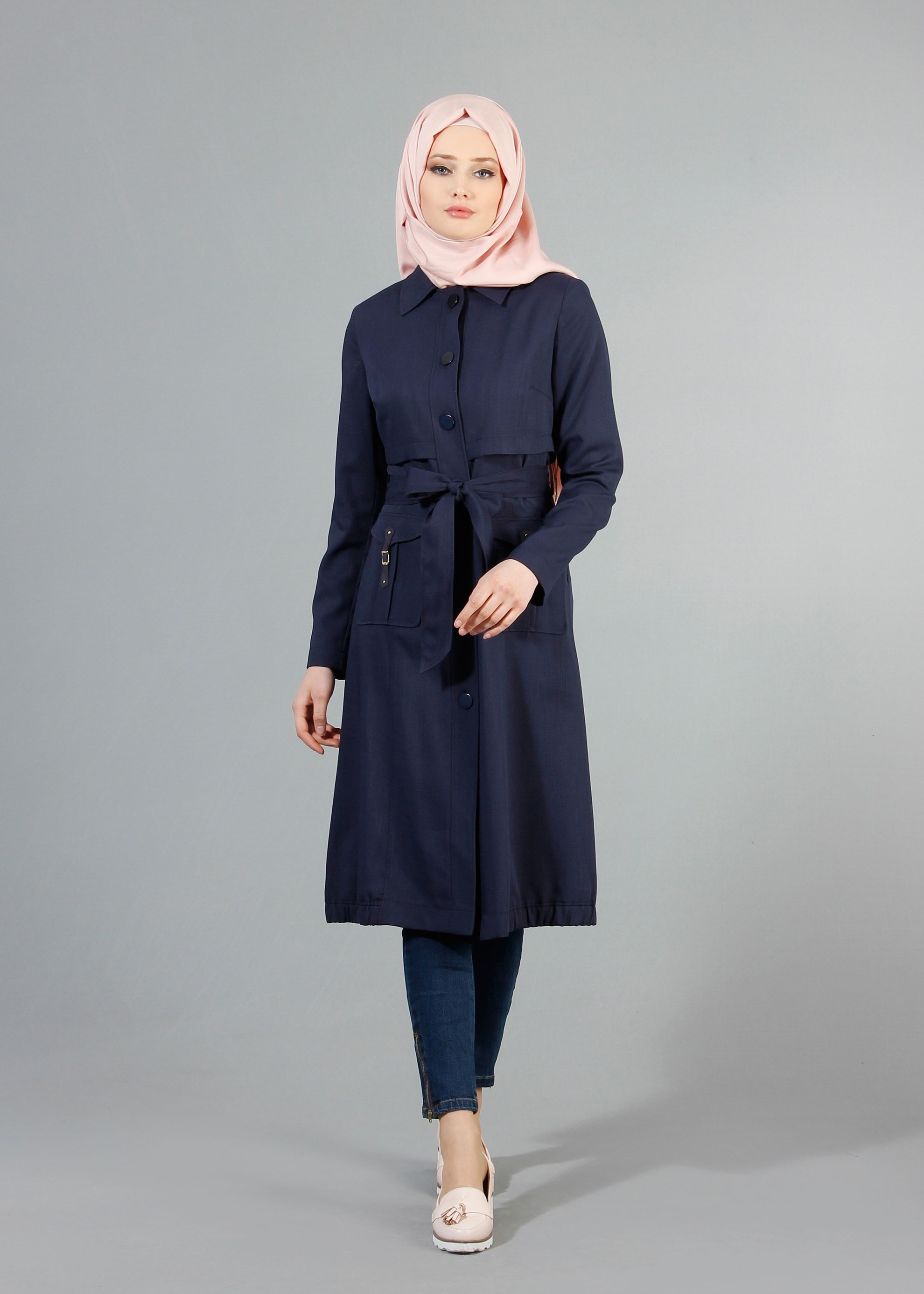 Tesettür giyim LACİVERT DÜĞMELİ CEPLİ KUŞAKLI TRENÇKOT 1744 