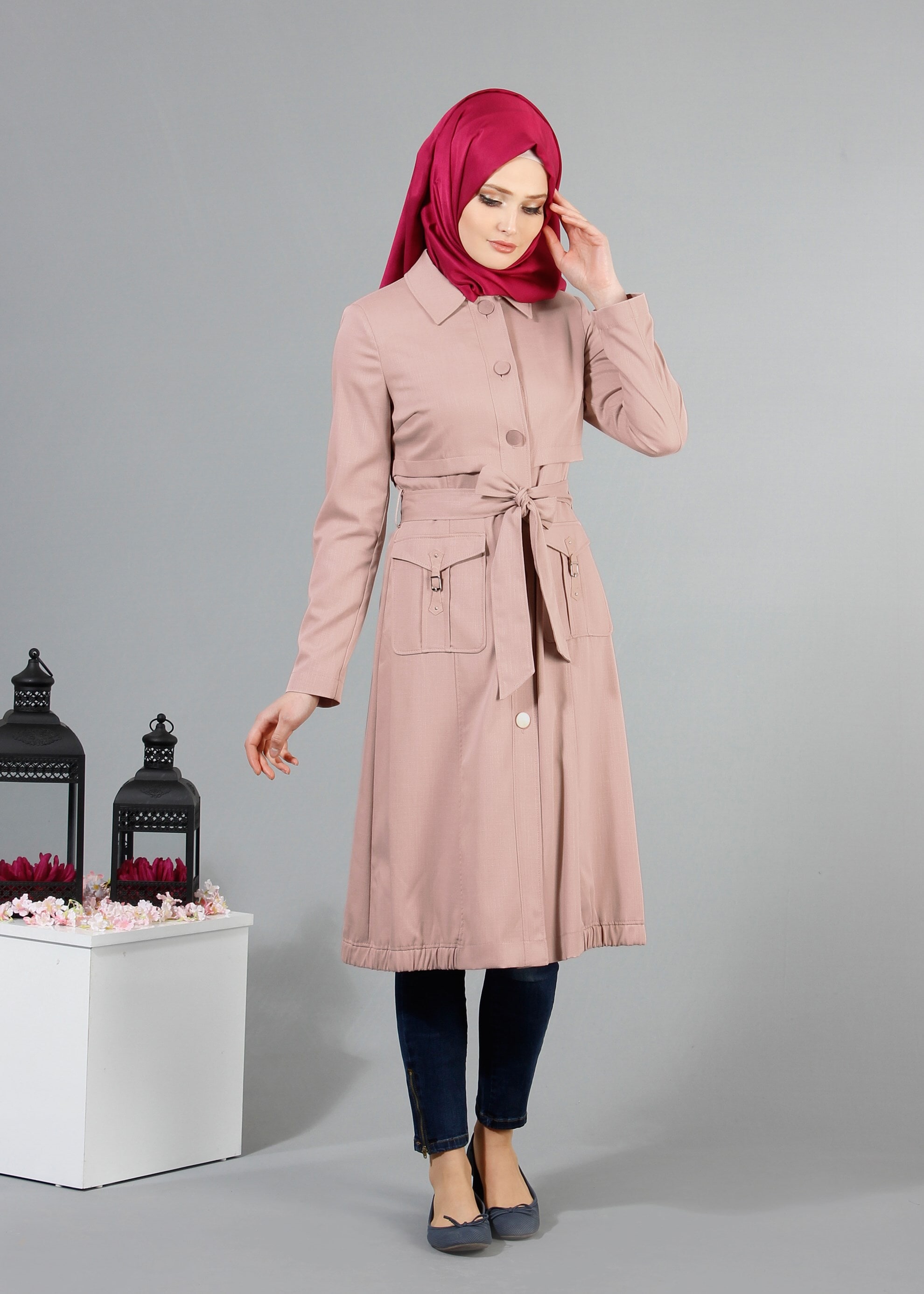 Tesettür giyim PUDRA DÜĞMELİ CEPLİ KUŞAKLI TRENÇKOT 1744 