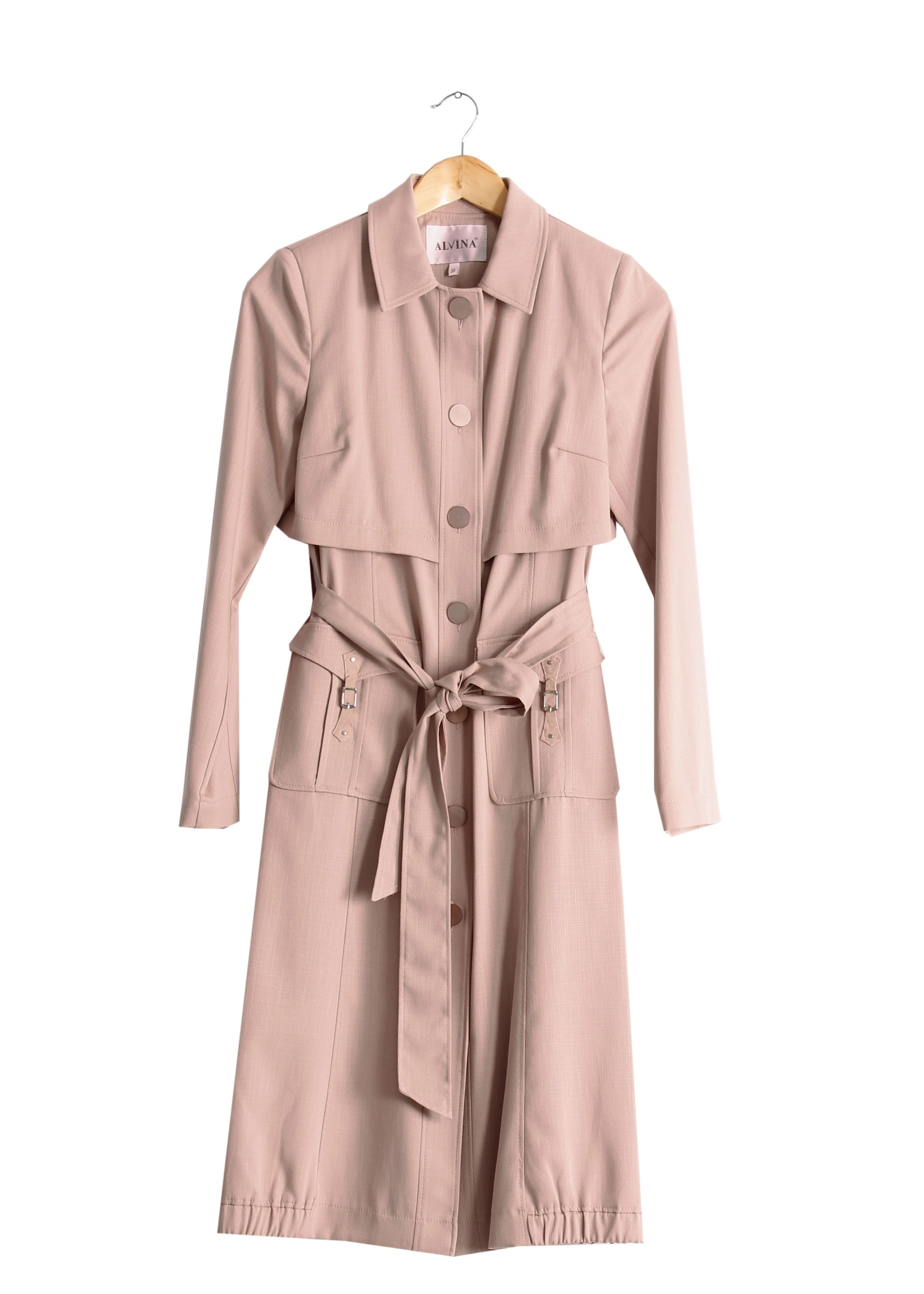 Tesettür giyim PUDRA DÜĞMELİ CEPLİ KUŞAKLI TRENÇKOT 1744 