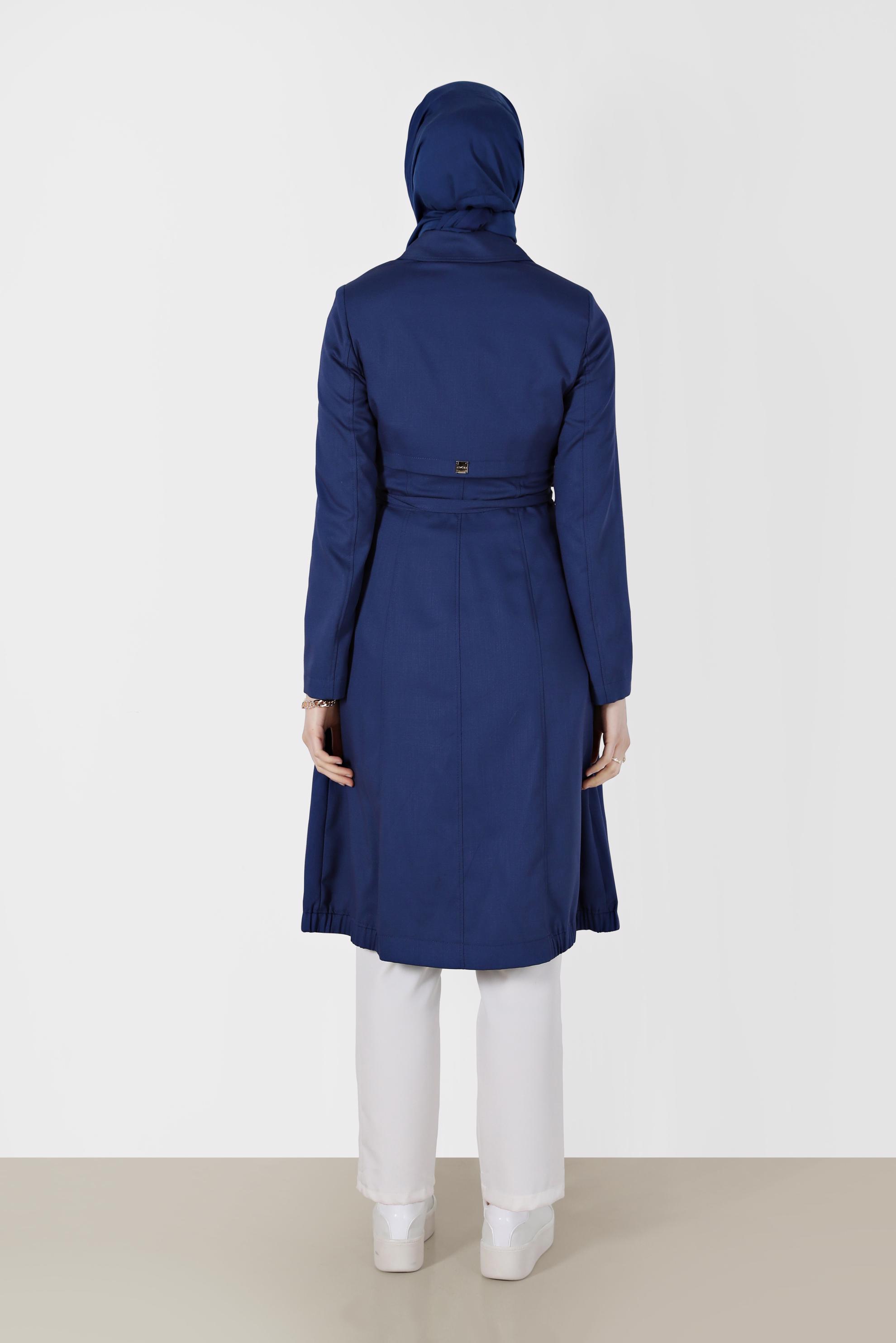 Tesettür giyim LACİVERT DÜĞMELİ CEPLİ KUŞAKLI TRENÇKOT 1744 