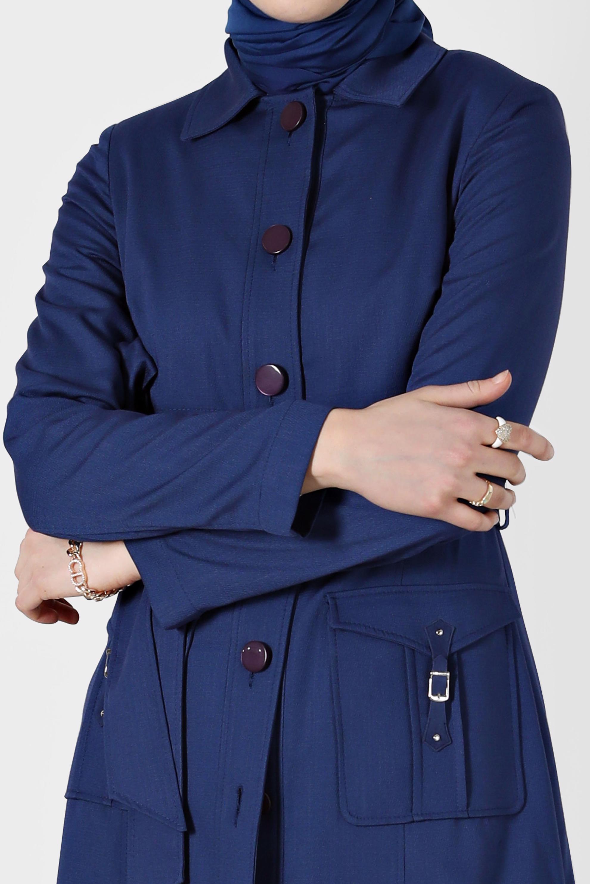 Tesettür giyim LACİVERT DÜĞMELİ CEPLİ KUŞAKLI TRENÇKOT 1744 