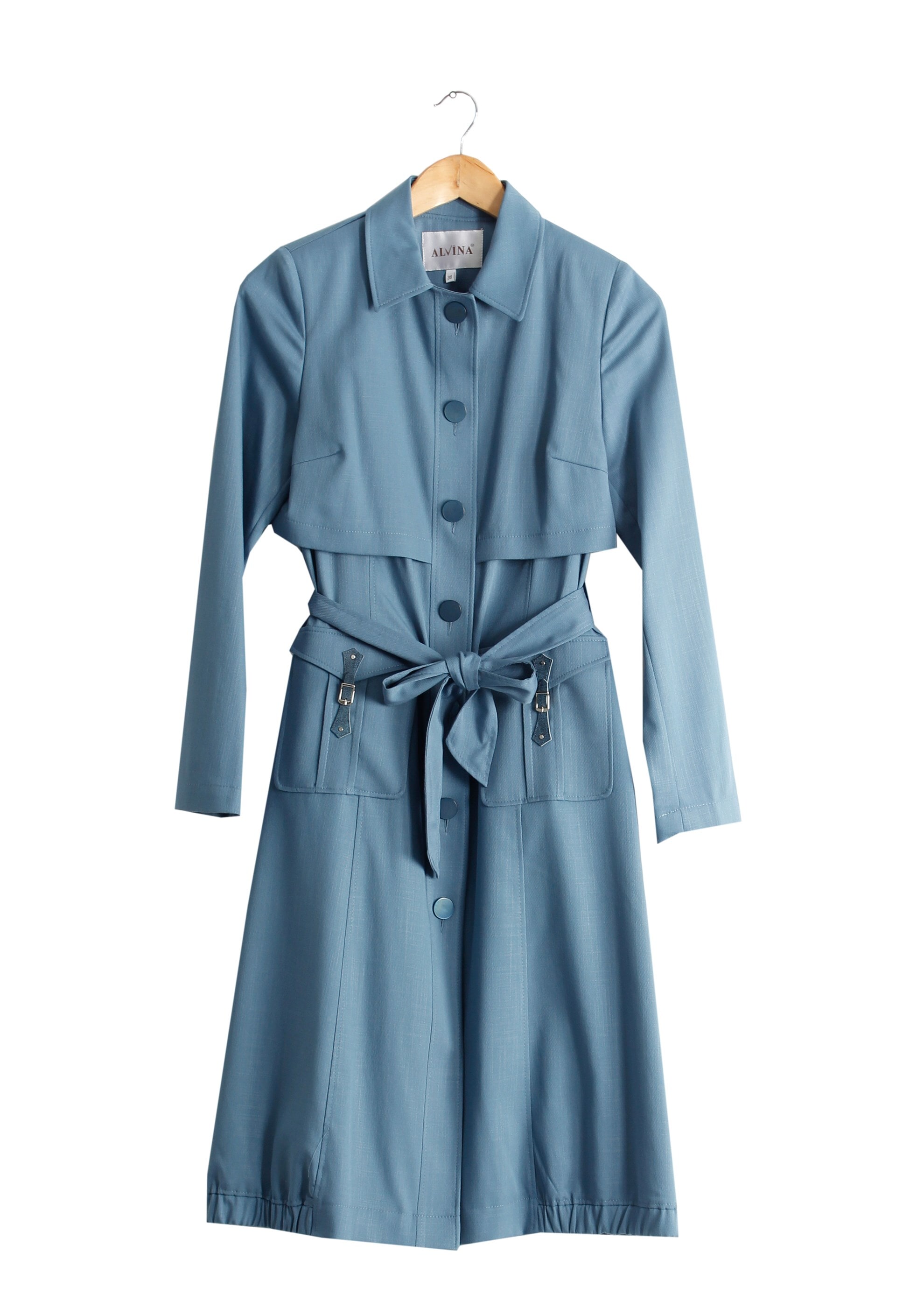 Tesettür giyim MAVİ DÜĞMELİ CEPLİ KUŞAKLI TRENÇKOT 1744 