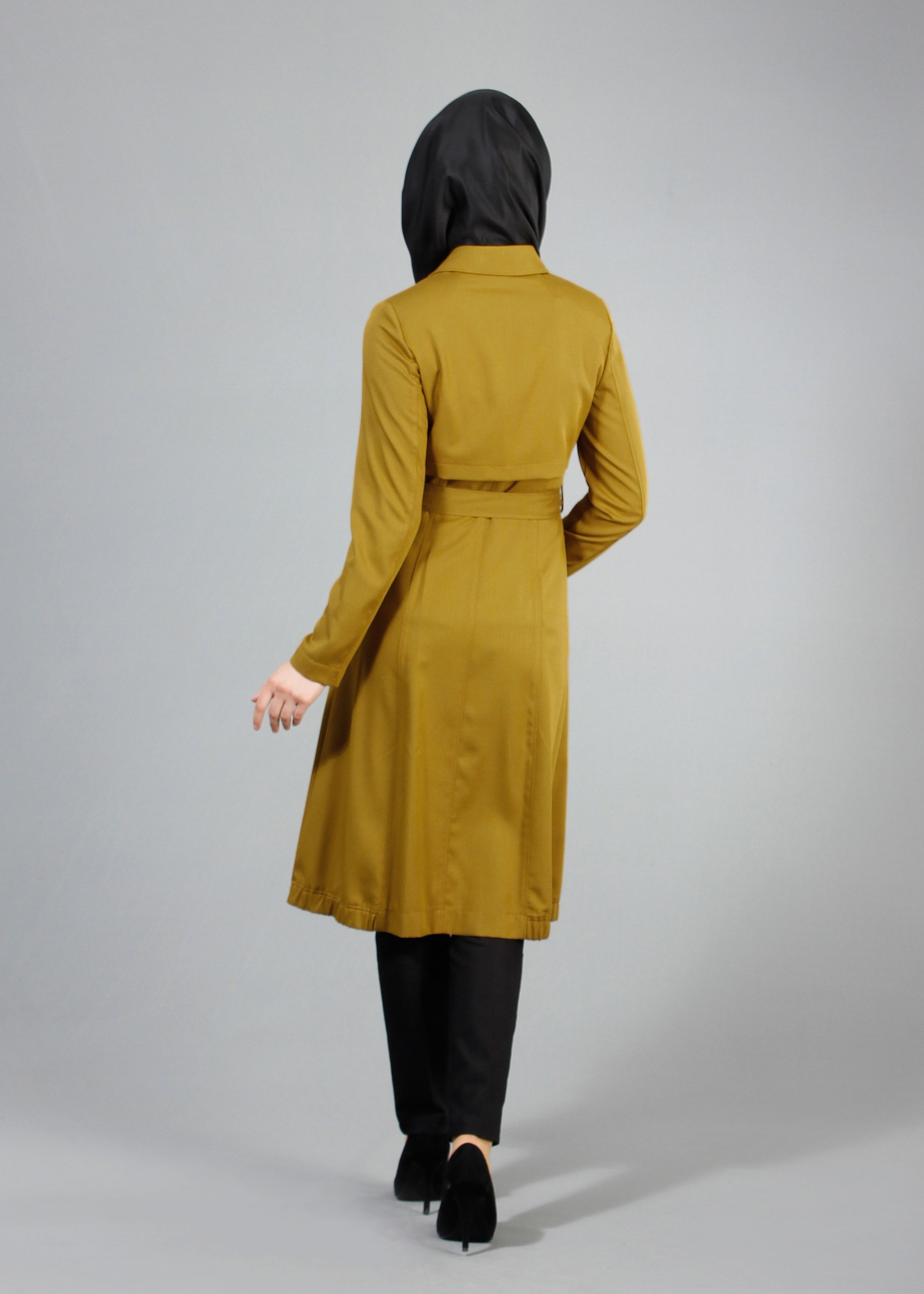 Tesettür giyim YEŞİL DÜĞMELİ CEPLİ KUŞAKLI TRENÇKOT 1744 