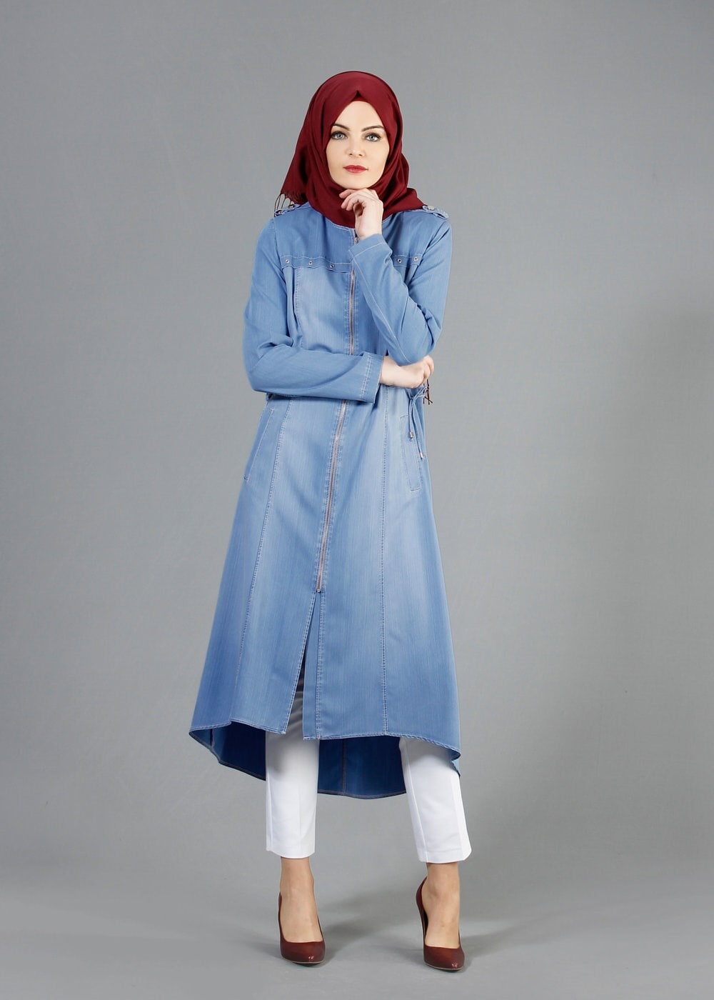 Tesettür giyim MAVİ 1746 Maryel Flamlı Tesettür Trench 38/46