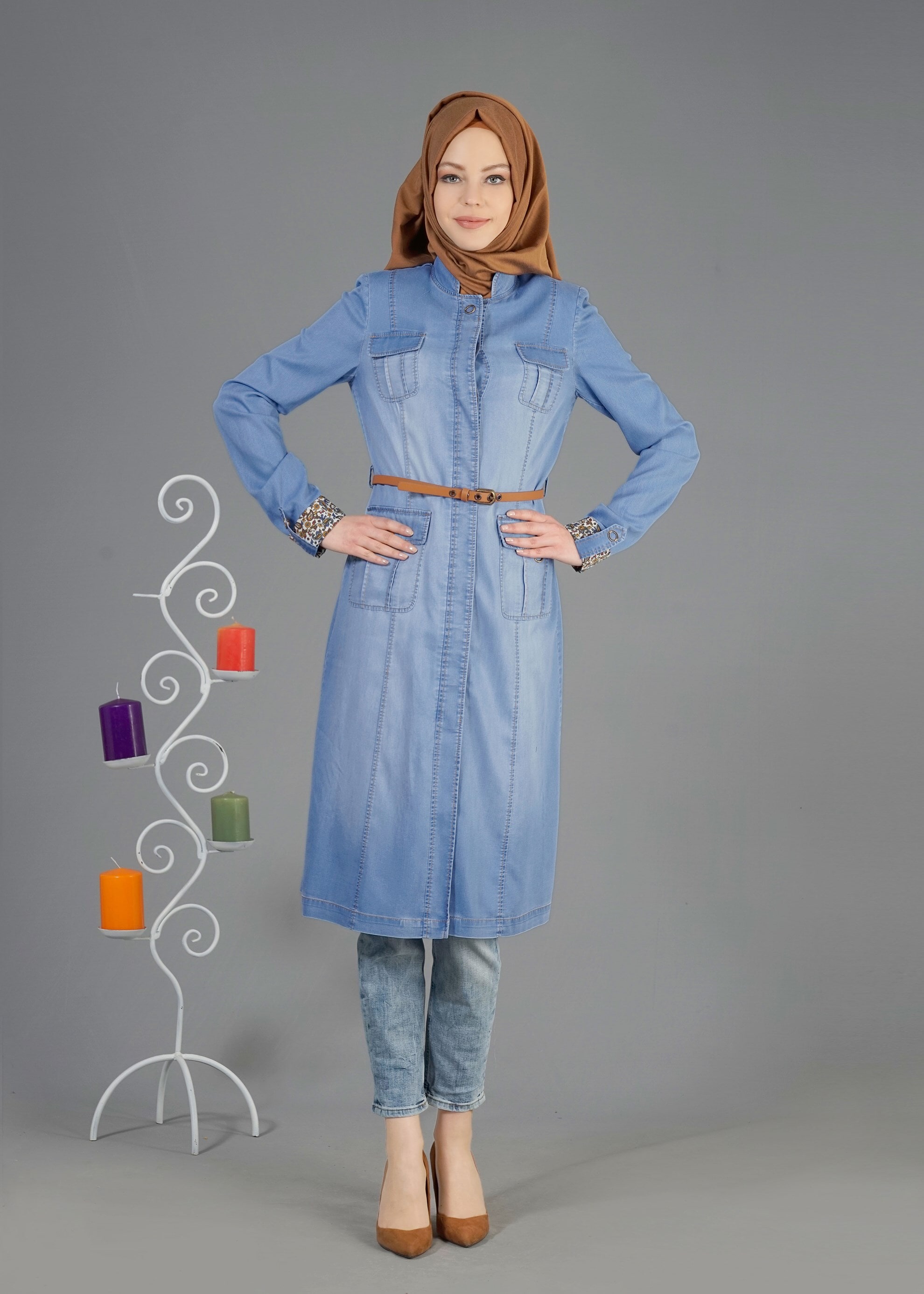 Tesettür giyim MAVİ 1747 Maryel  Flamlı Tesettür Trench 38/46 TEK38