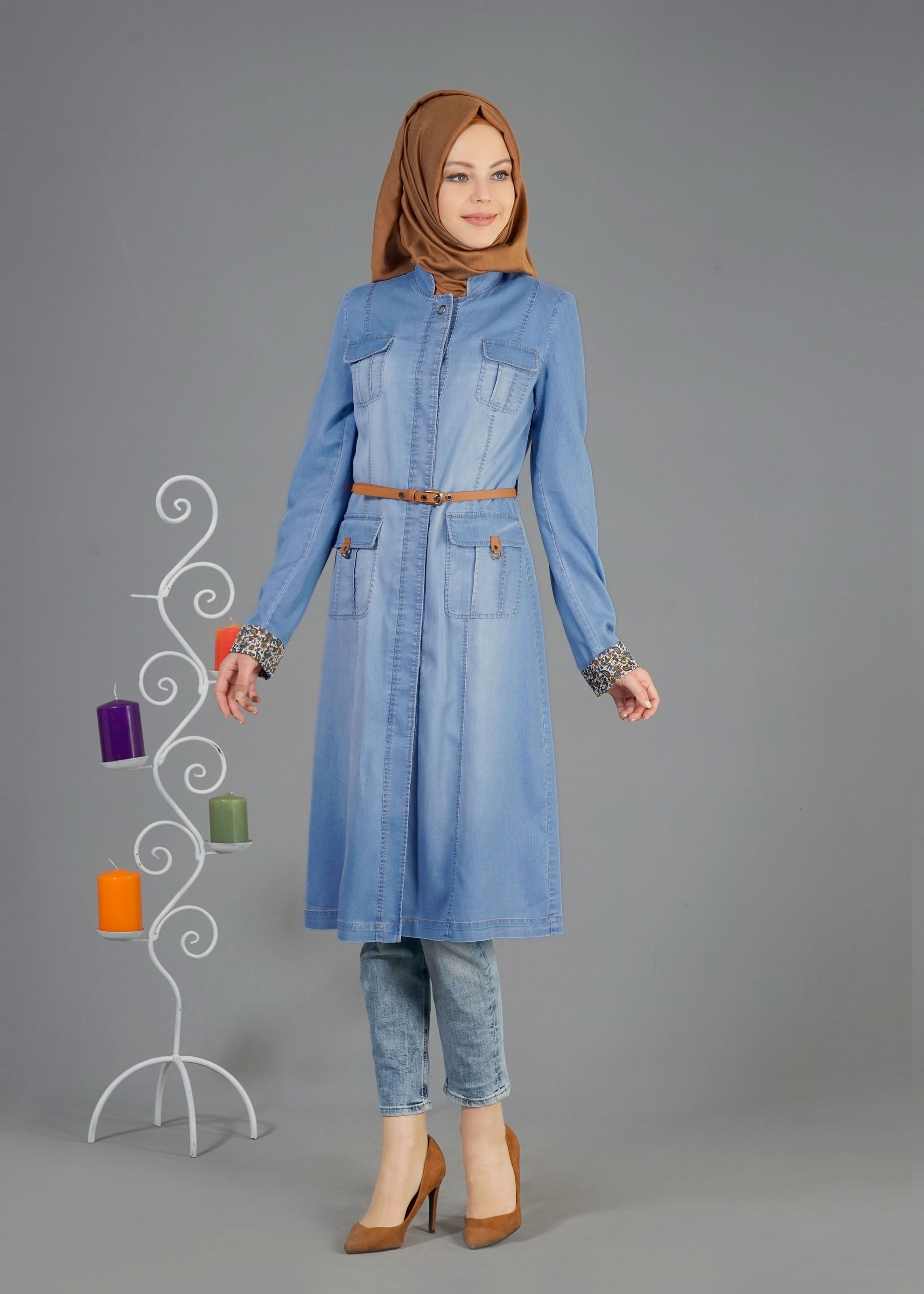 Tesettür giyim MAVİ 1747 Maryel  Flamlı Tesettür Trench 38/46 TEK38