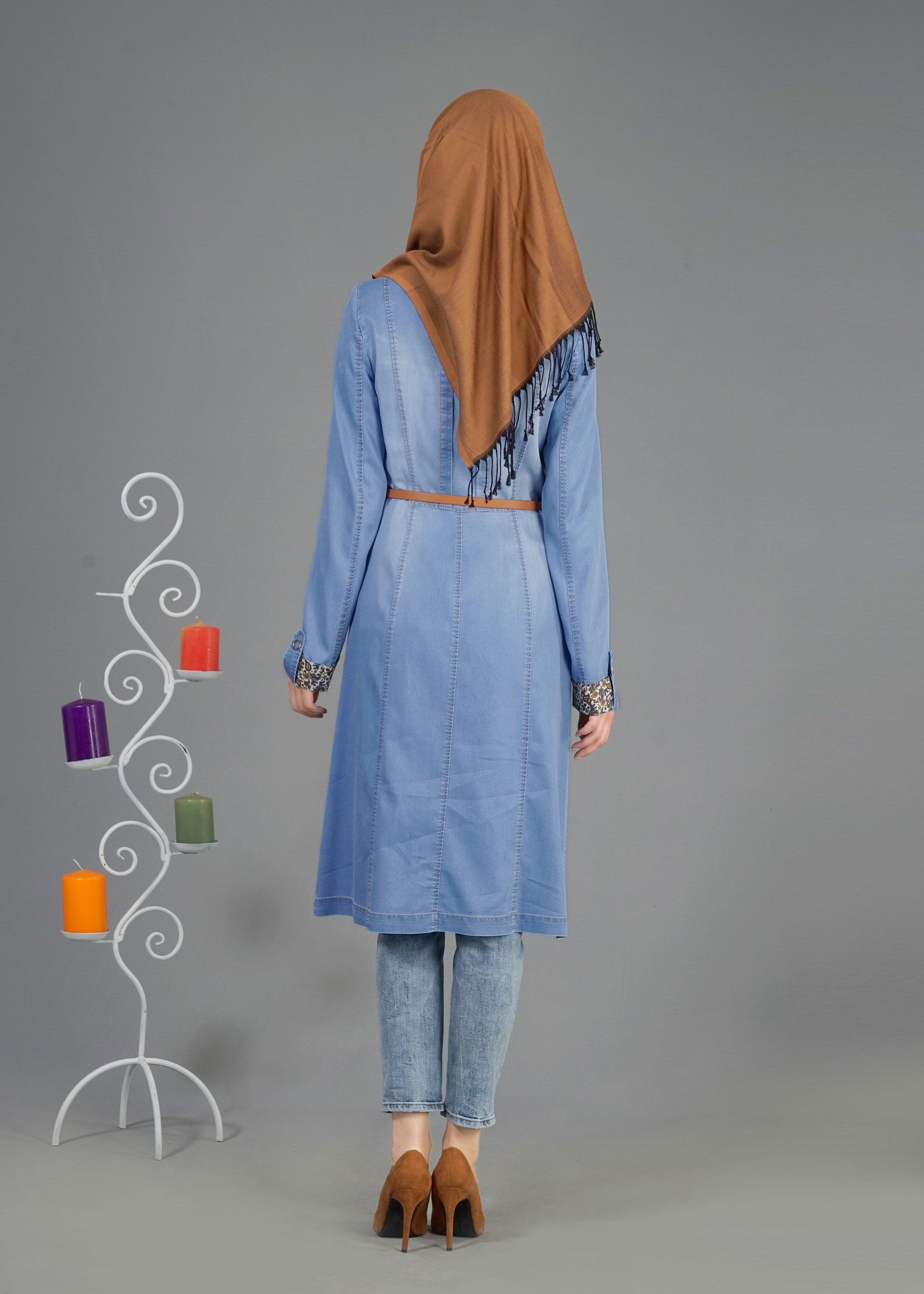 Tesettür giyim MAVİ 1747 Maryel  Flamlı Tesettür Trench 38/46 TEK38