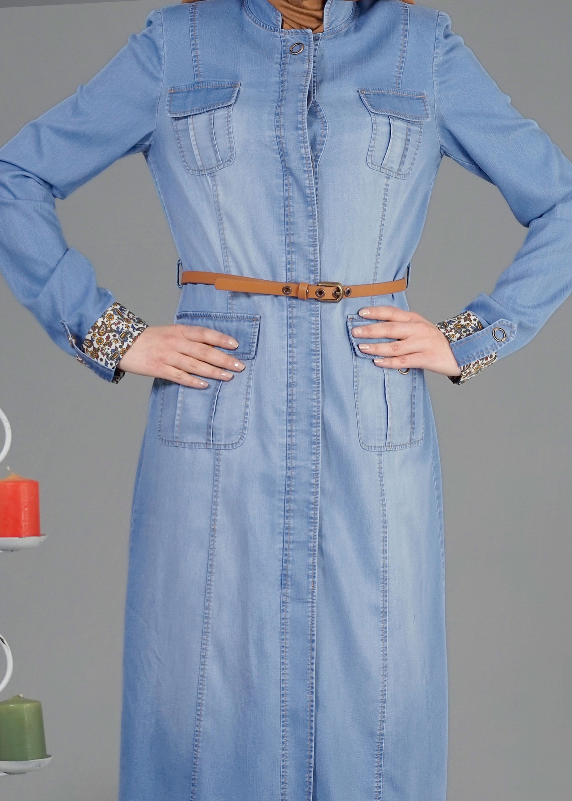 Tesettür giyim MAVİ 1747 Maryel  Flamlı Tesettür Trench 38/46 TEK38