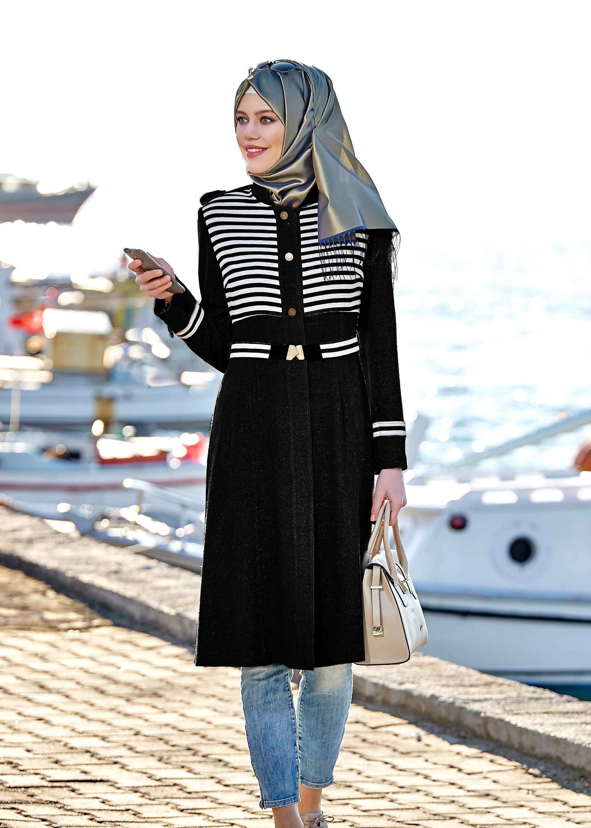 Tesettür giyim SİYAH 1753 Düz Tesettür Trench 36/44 TEK38