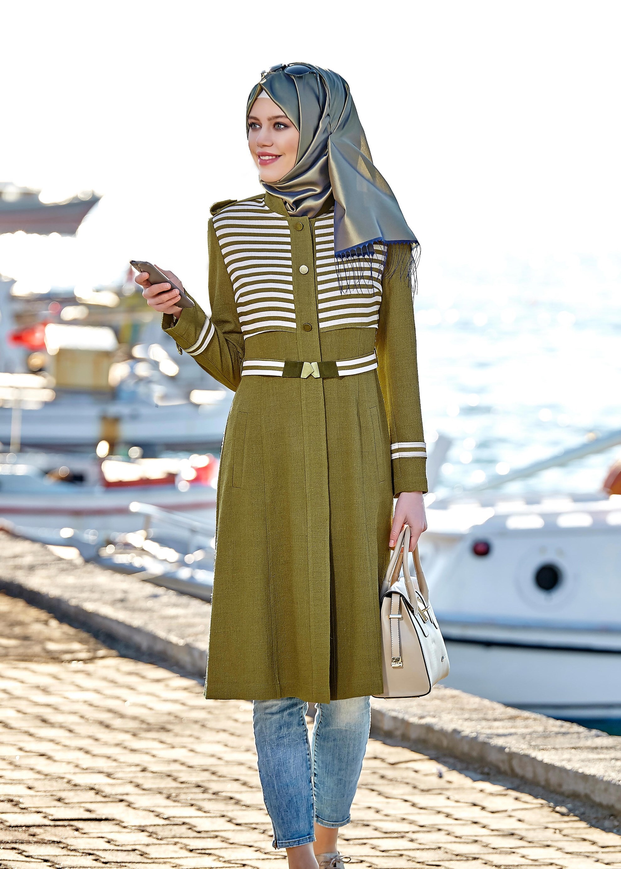 Tesettür giyim HAKİ 1753 Düz Tesettür Trench 36/44 TEK38