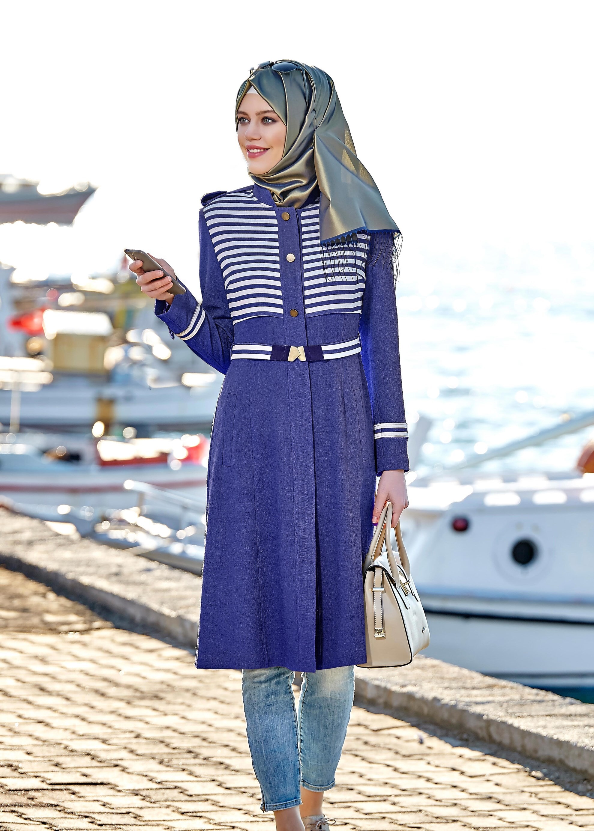 Tesettür giyim LACİVERT 1753 Düz Tesettür Trench 36/44 TEK38
