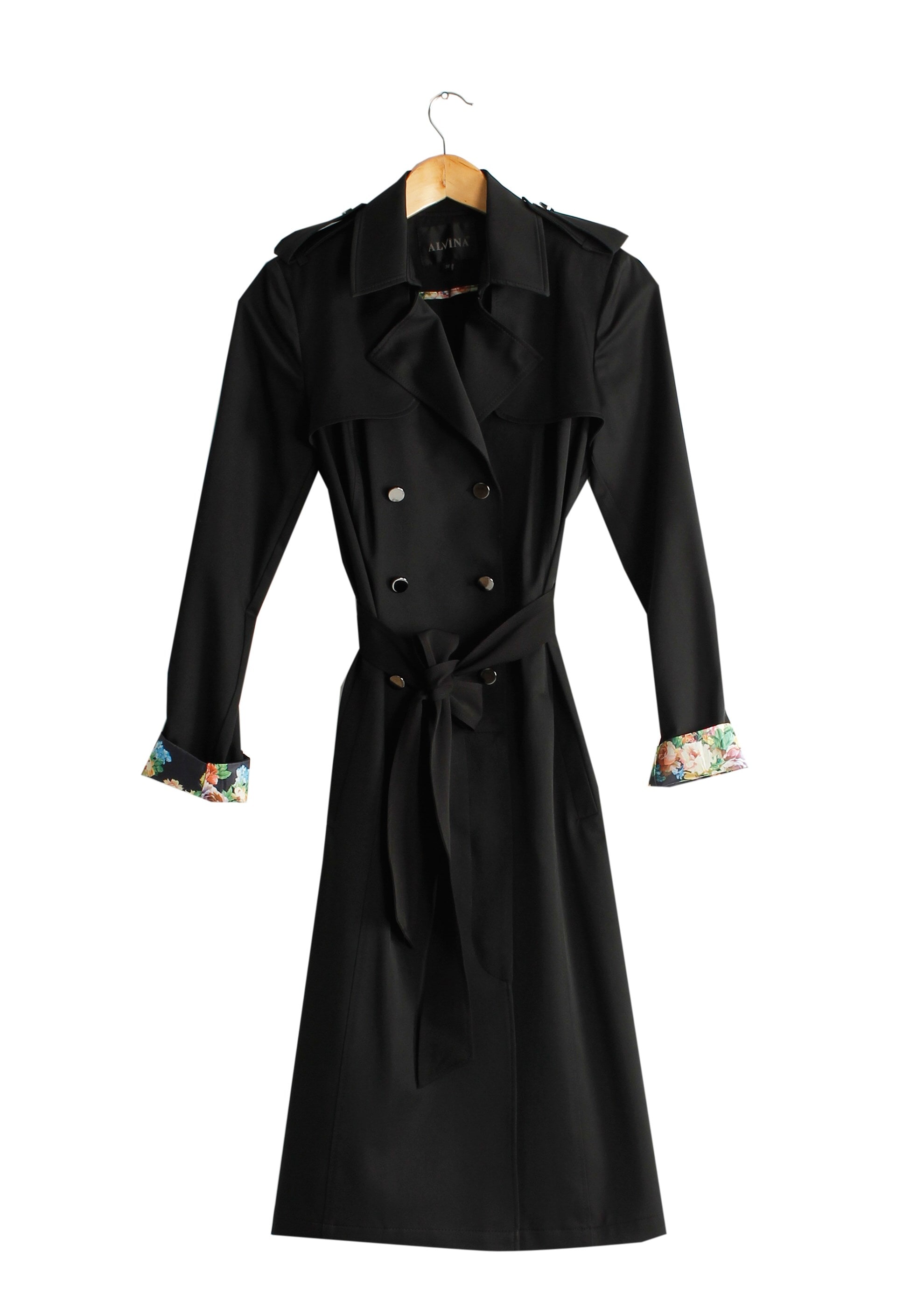 Tesettür giyim SİYAH KRUVAZE YAKA DÜĞMELİ KUŞAKLI TRENÇKOT 1756 