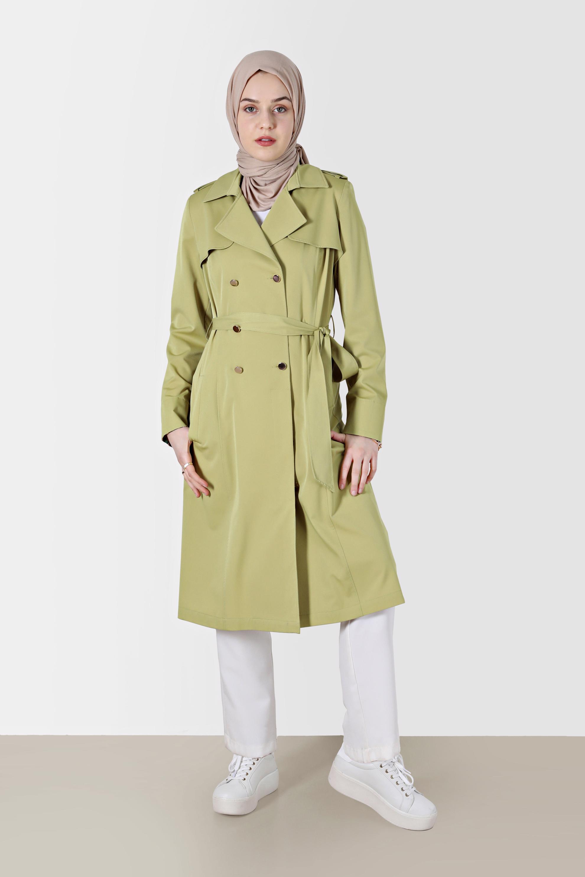 Tesettür giyim YEŞİL KRUVAZE YAKA DÜĞMELİ KUŞAKLI TRENÇKOT 1756 