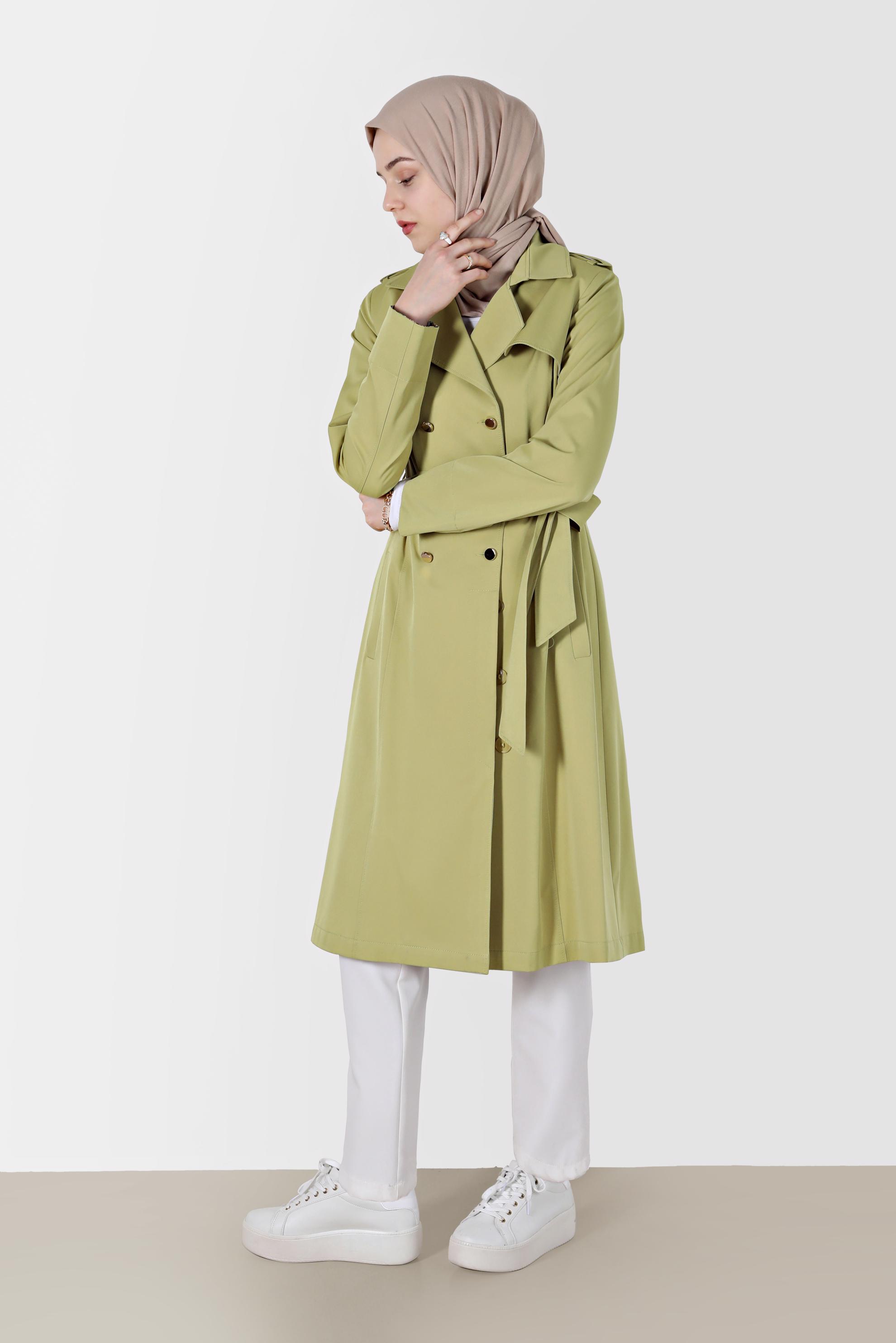 Tesettür giyim YEŞİL KRUVAZE YAKA DÜĞMELİ KUŞAKLI TRENÇKOT 1756 