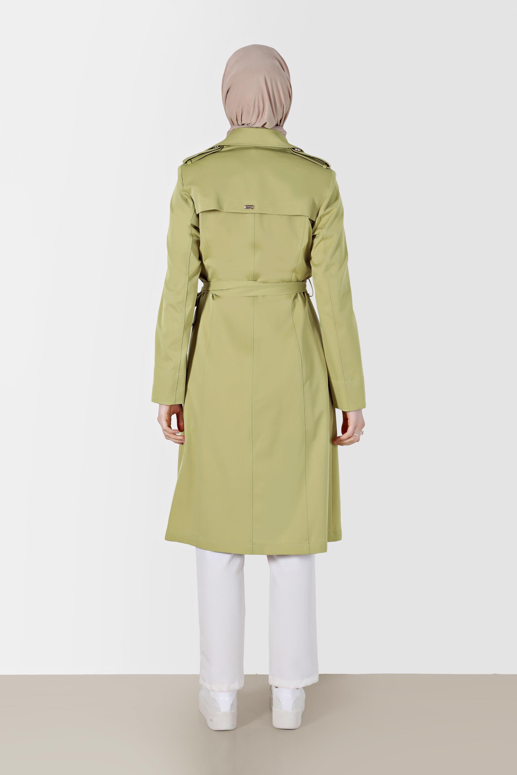 Tesettür giyim YEŞİL KRUVAZE YAKA DÜĞMELİ KUŞAKLI TRENÇKOT 1756 