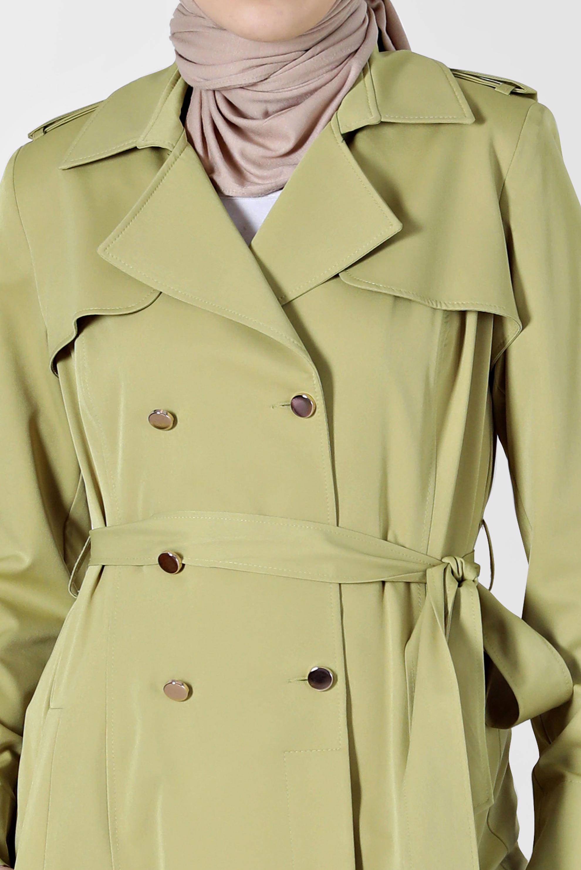 Tesettür giyim YEŞİL KRUVAZE YAKA DÜĞMELİ KUŞAKLI TRENÇKOT 1756 