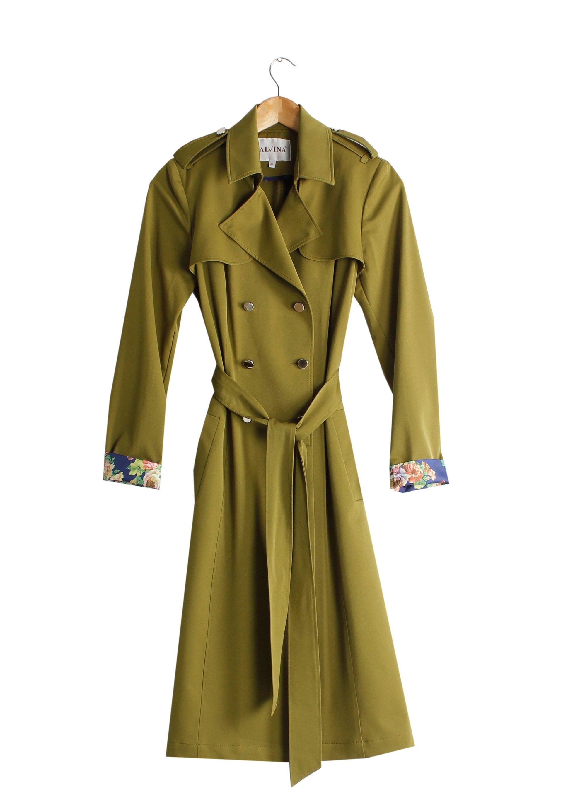 Tesettür giyim YEŞİL KRUVAZE YAKA DÜĞMELİ KUŞAKLI TRENÇKOT 1756 