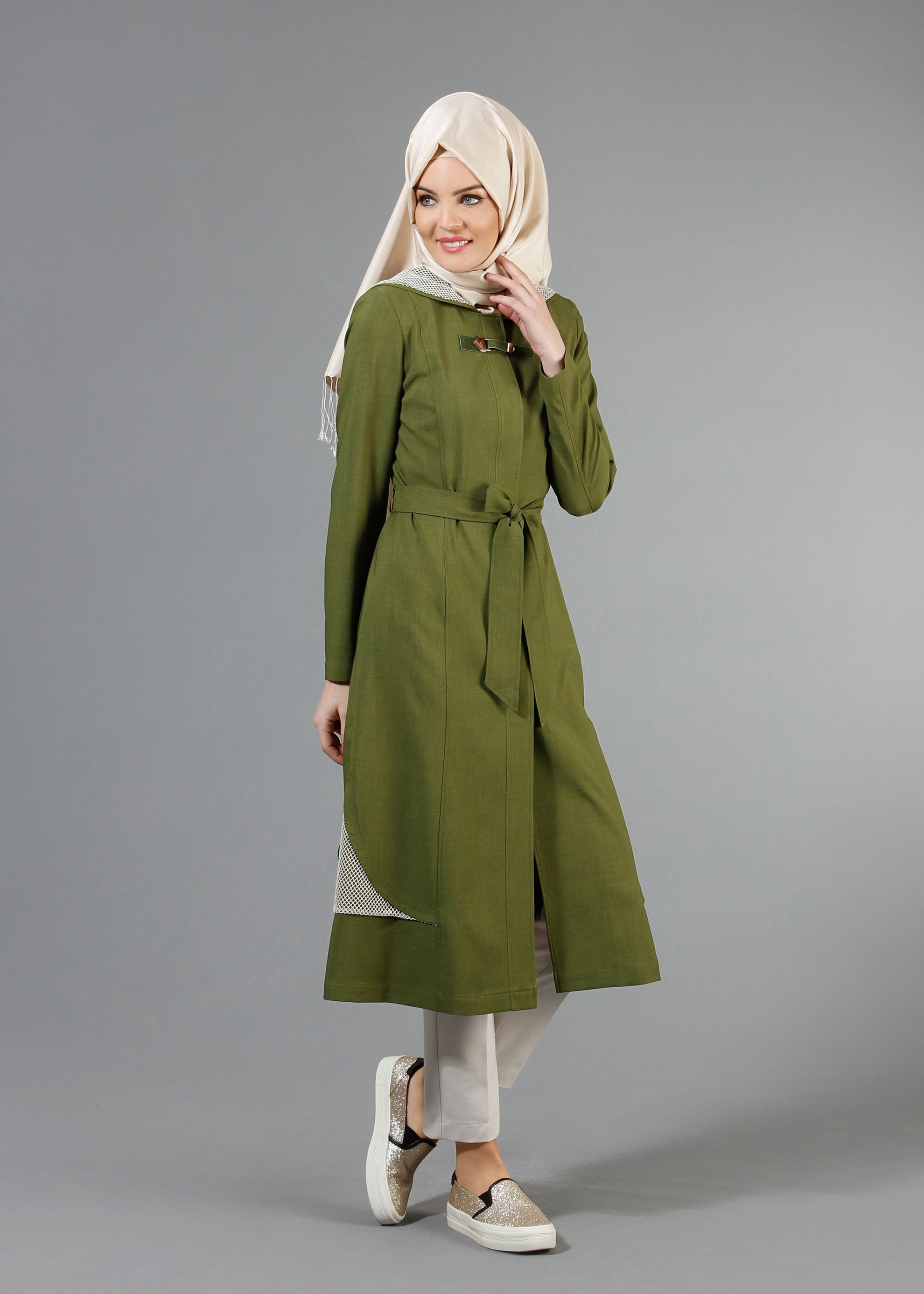 Tesettür giyim YEŞİL 1767 Marmaris Tesettür Trench 38/46 TEK38