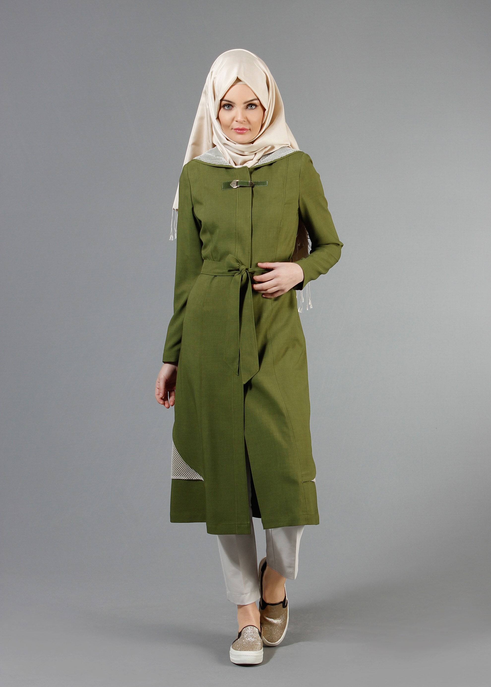 Tesettür giyim YEŞİL 1767 Marmaris Tesettür Trench 38/46 TEK38