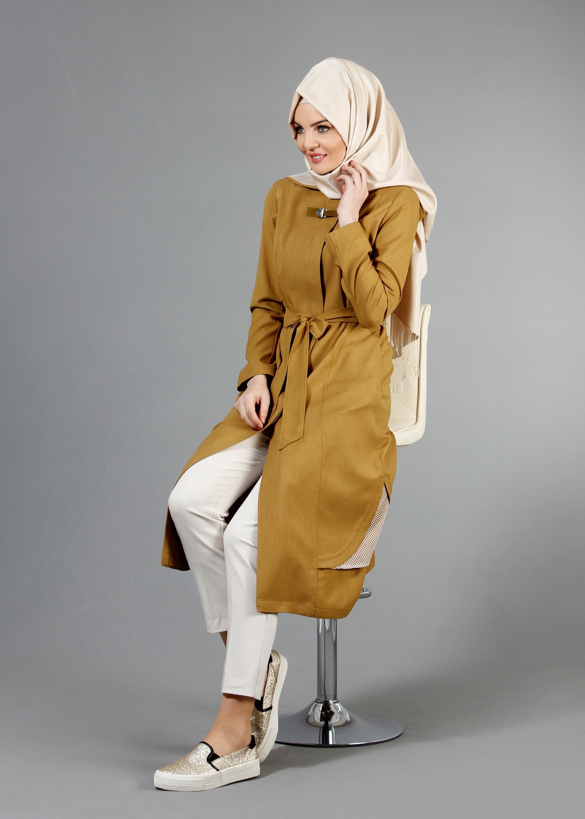 Tesettür giyim SARI 1767 Marmaris Tesettür Trench 38/46 TEK38