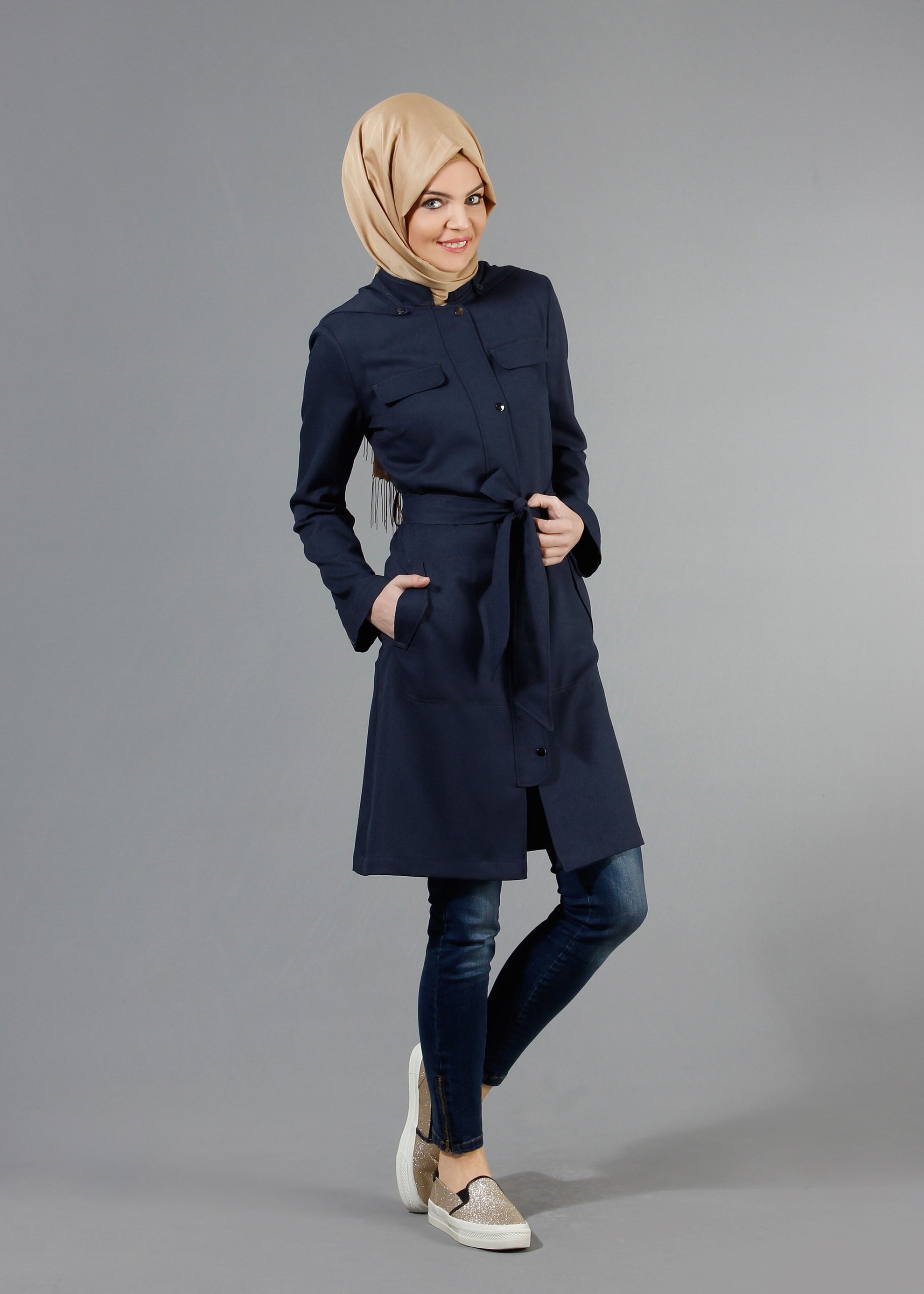Tesettür giyim LACİVERT 1770 New Shine Tesettür Trench 36/44(38-40) TEK38