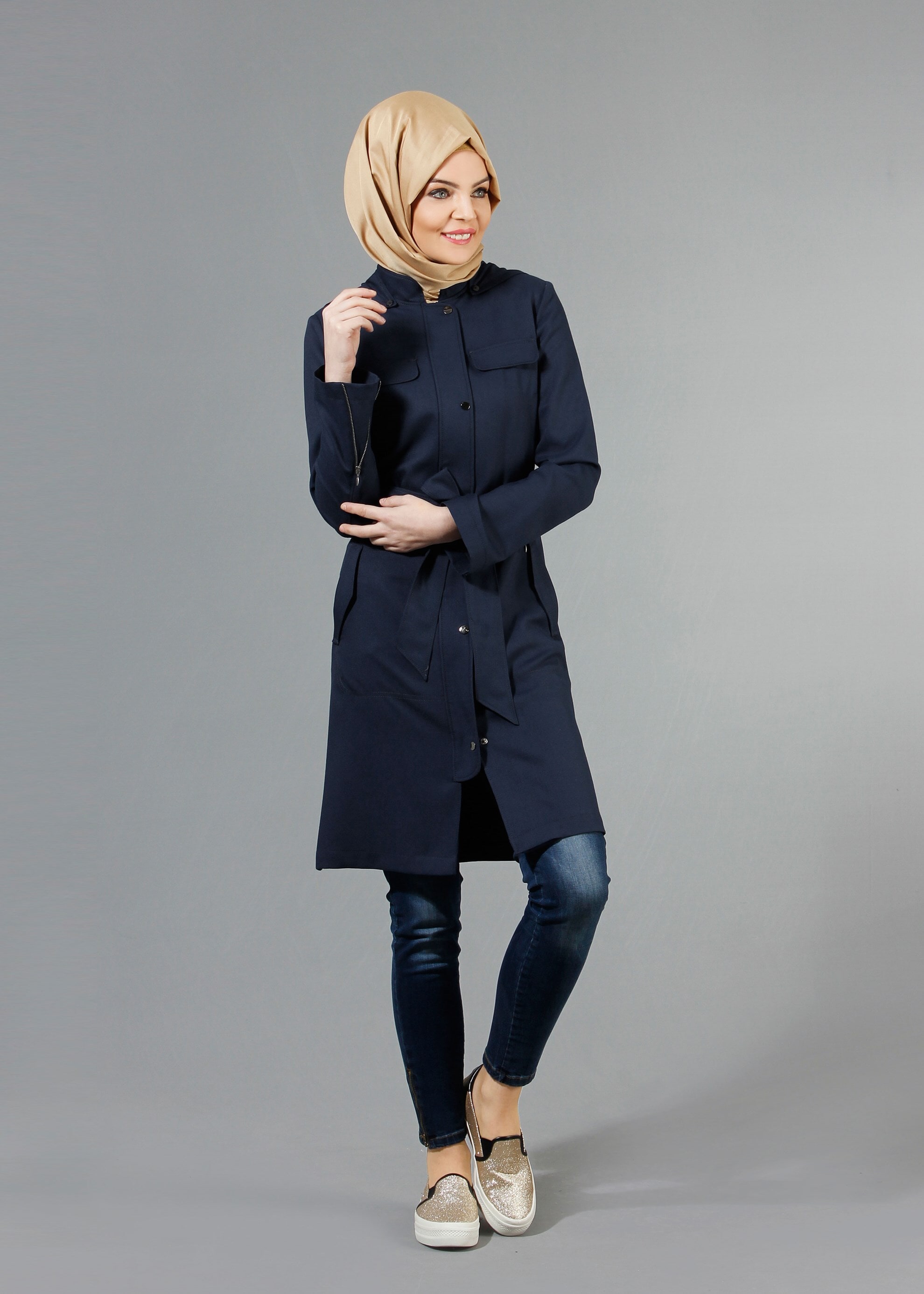 Tesettür giyim LACİVERT 1770 New Shine Tesettür Trench 36/44(38-40) TEK38