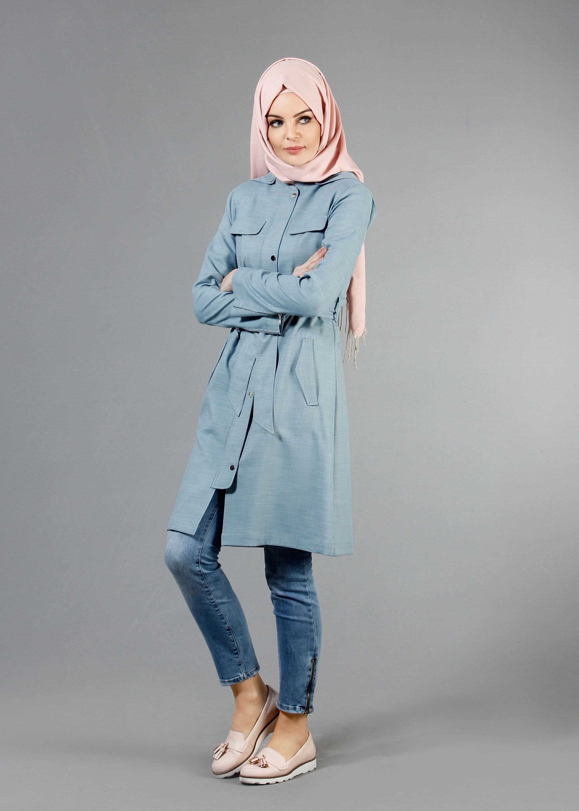Tesettür giyim MAVİ 1770 New Shine Tesettür Trench 36/44(38-40) TEK38