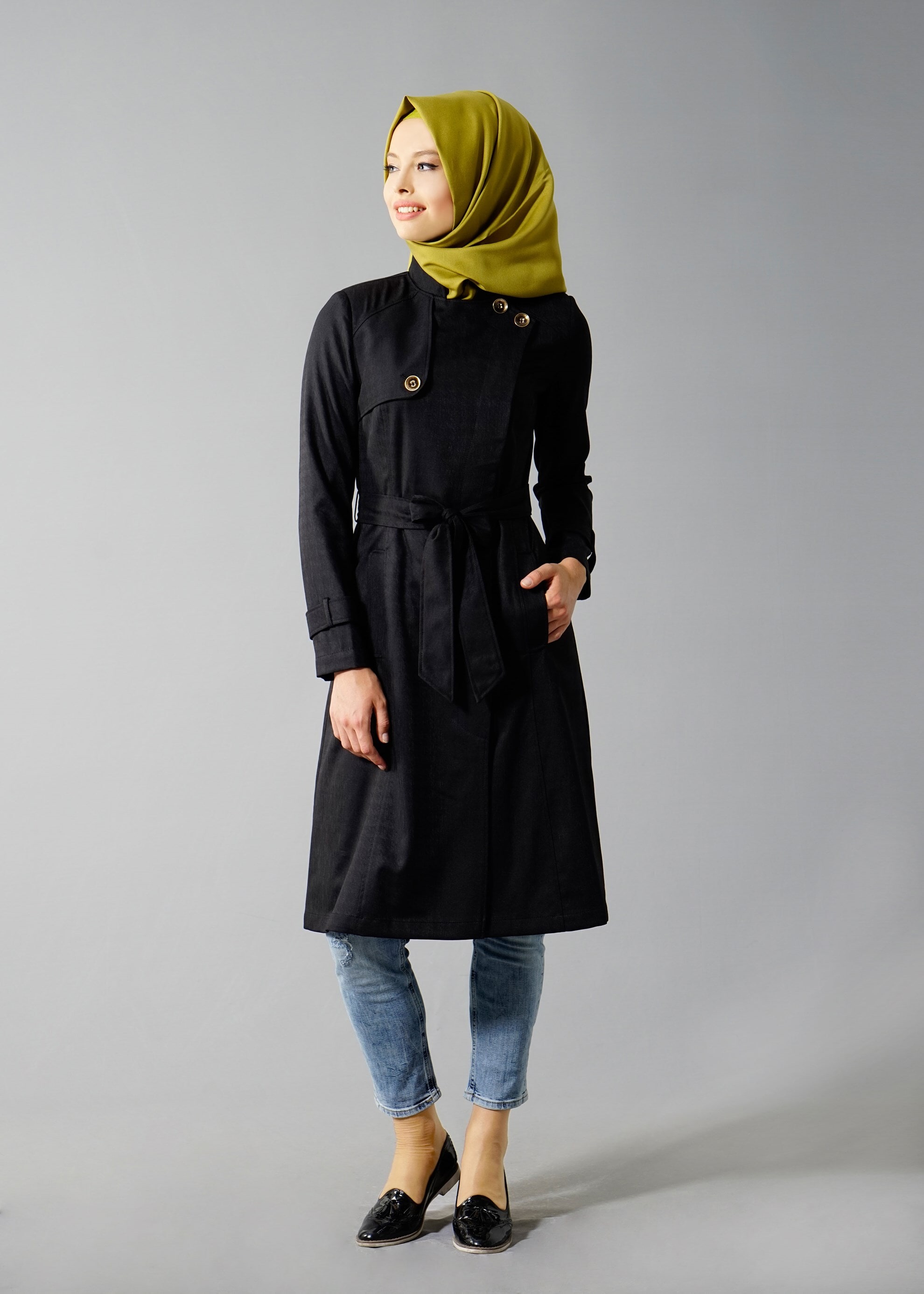Tesettür giyim SİYAH 1771 Beril Tesettür Trench 38/44 TEK38