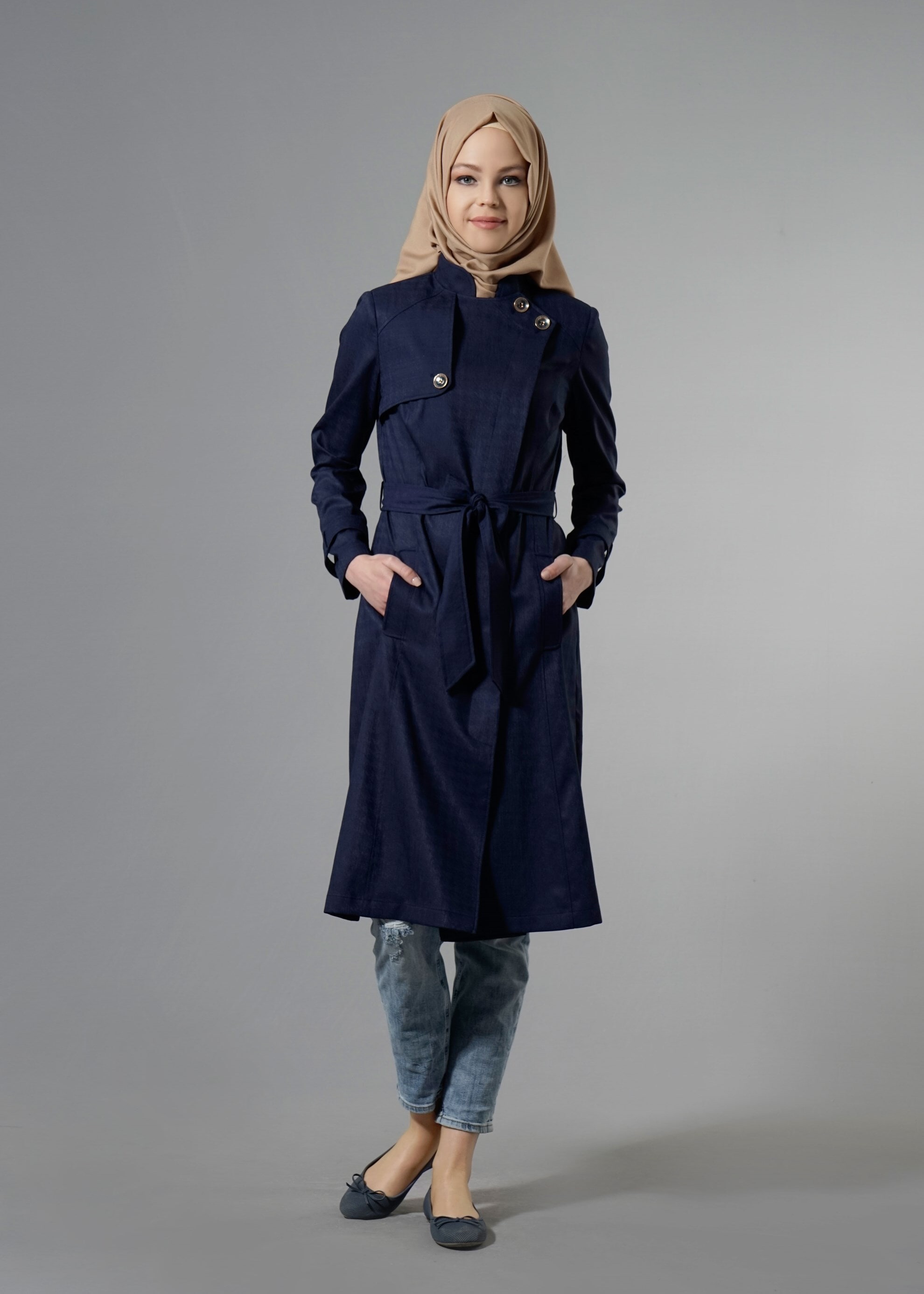 Tesettür giyim LACİVERT 1771 Beril Tesettür Trench 38/44 TEK38