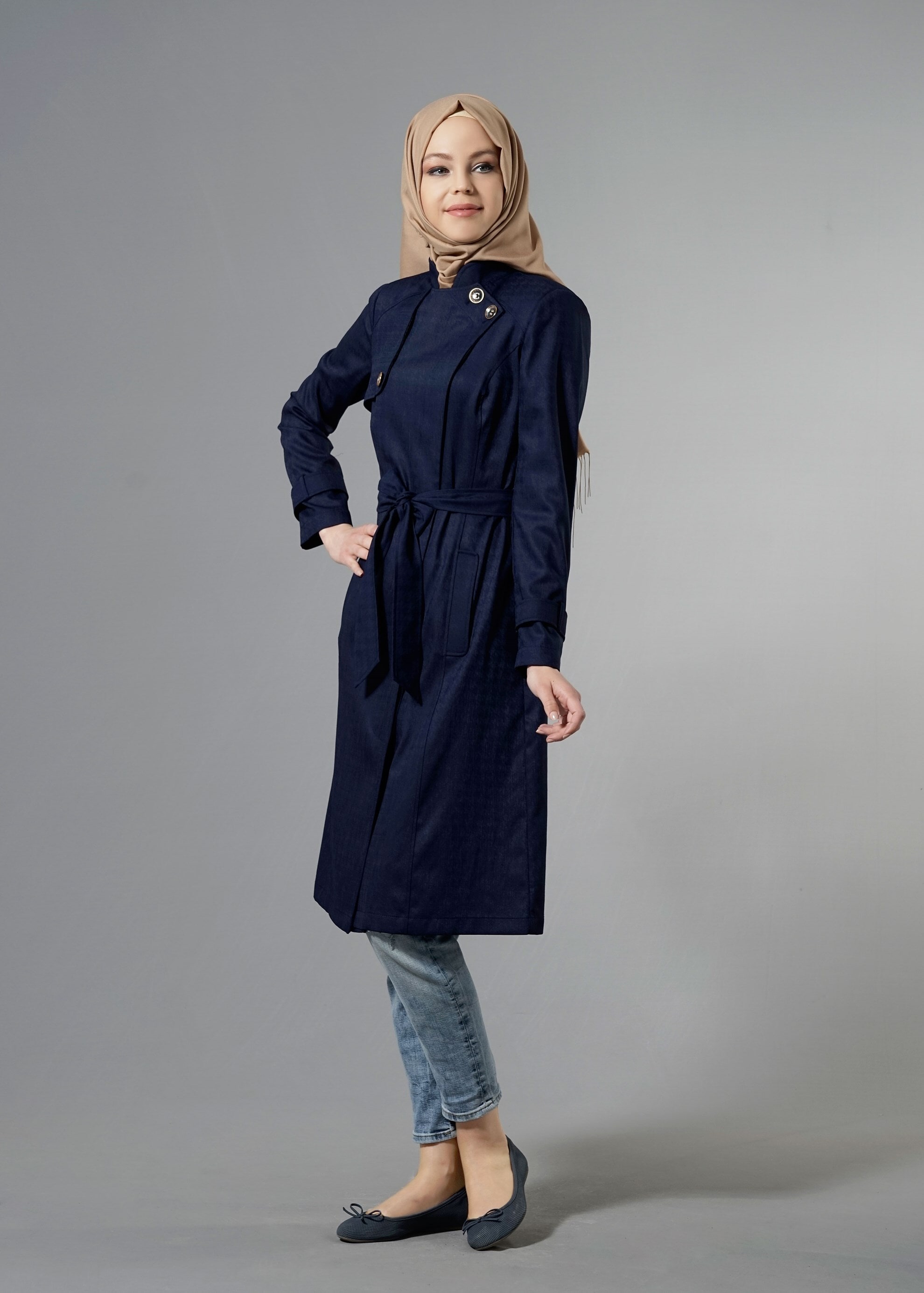 Tesettür giyim LACİVERT 1771 Beril Tesettür Trench 38/44 TEK38