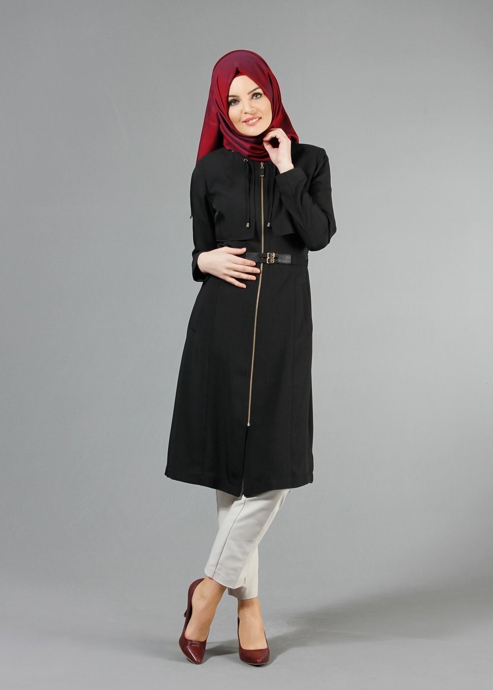 Tesettür giyim SİYAH BAĞCIK DETAYLI TRENÇKOT 1785