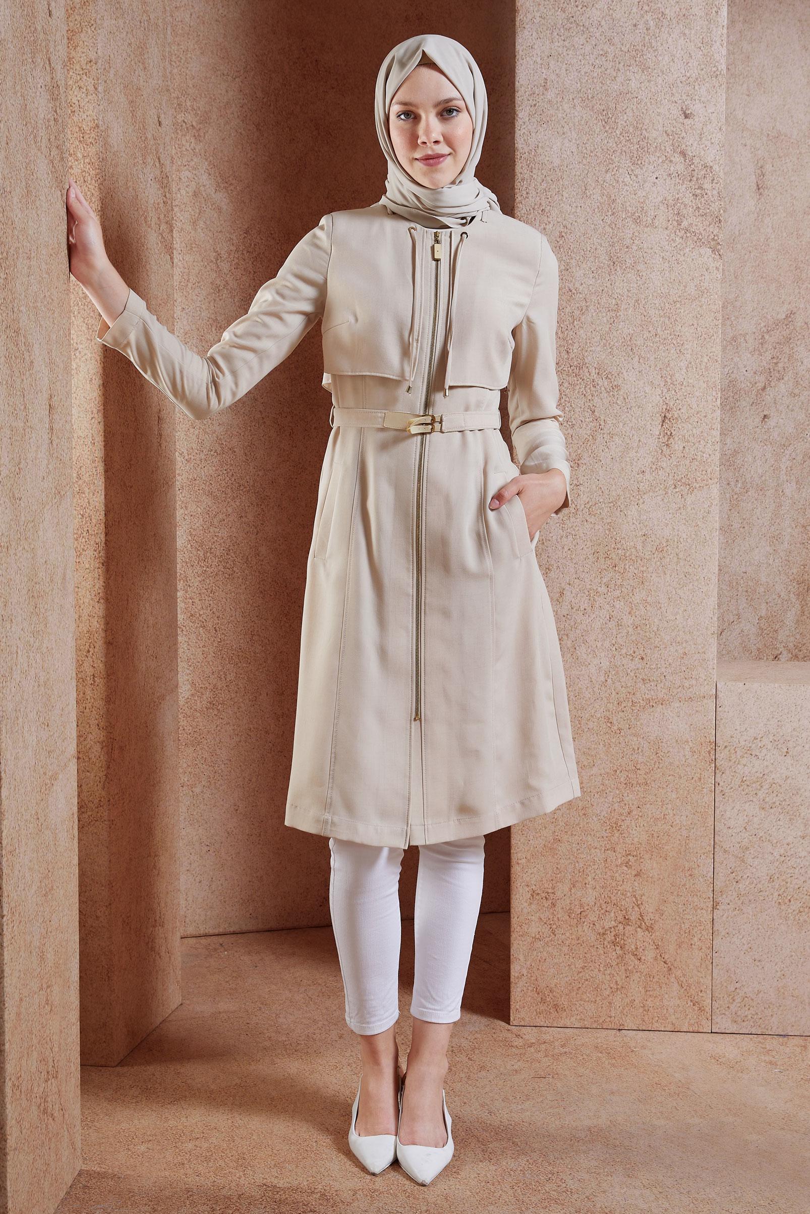 Tesettür giyim BEJ BAĞCIK DETAYLI TRENÇKOT 1785