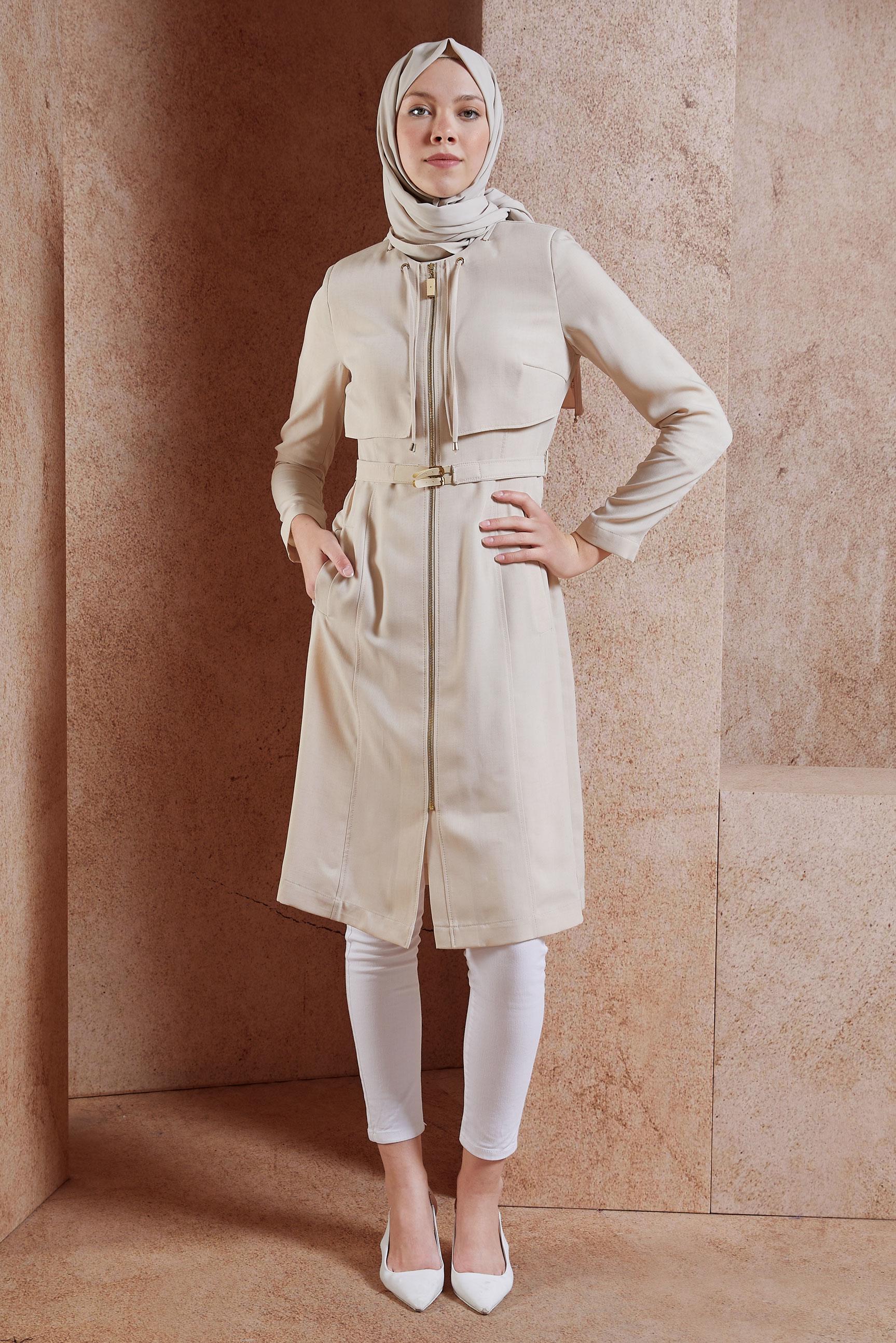 Tesettür giyim BEJ BAĞCIK DETAYLI TRENÇKOT 1785