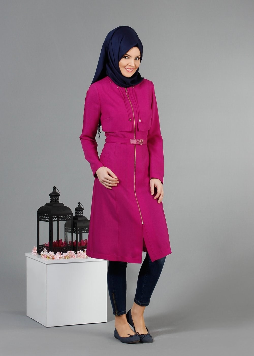 Tesettür giyim FUŞYA BAĞCIK DETAYLI TRENÇKOT 1785