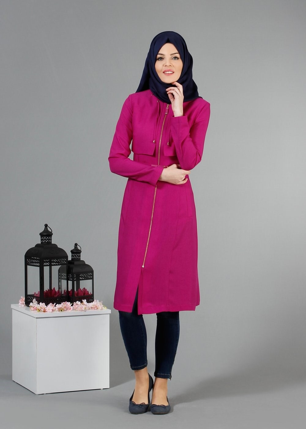 Tesettür giyim FUŞYA BAĞCIK DETAYLI TRENÇKOT 1785