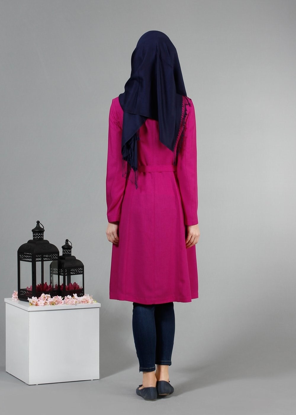 Tesettür giyim FUŞYA BAĞCIK DETAYLI TRENÇKOT 1785