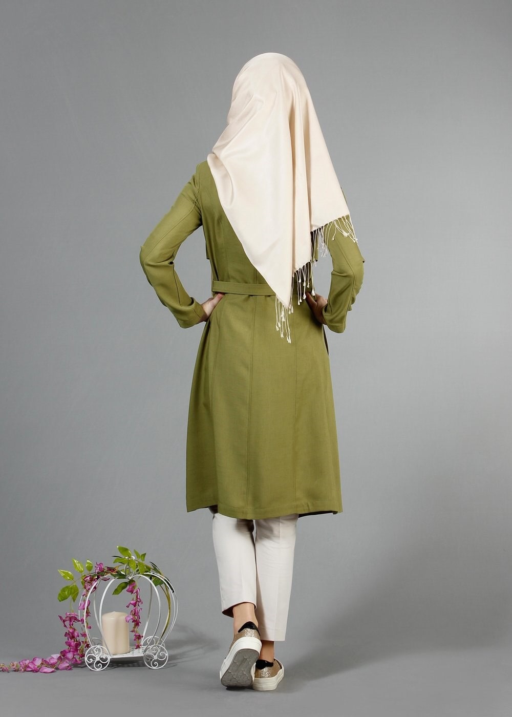 Tesettür giyim YEŞİL BAĞCIK DETAYLI TRENÇKOT 1785