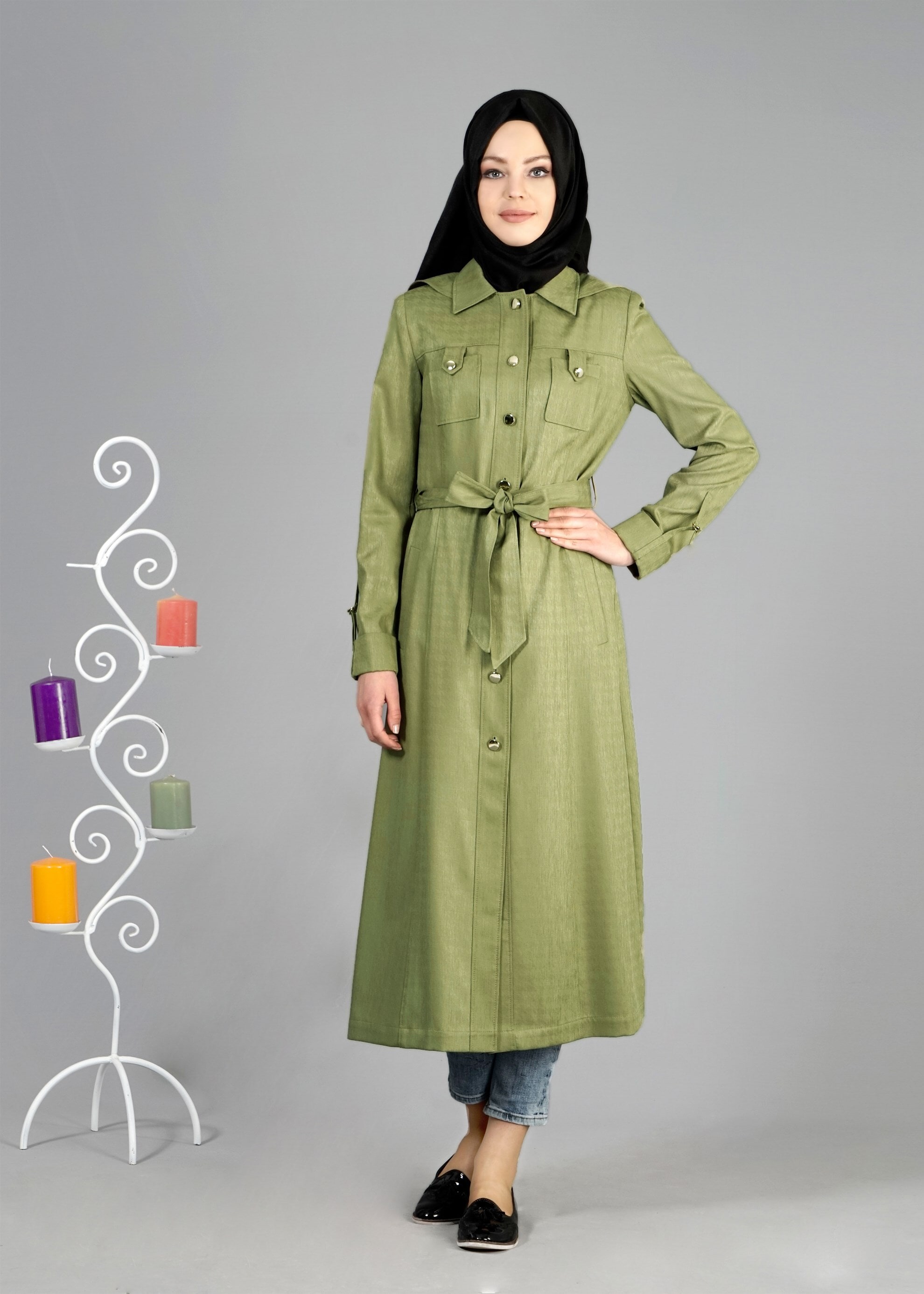 Tesettür giyim YEŞİL 1789 Beril Tesettür 736 Trench 38/46 TEK40