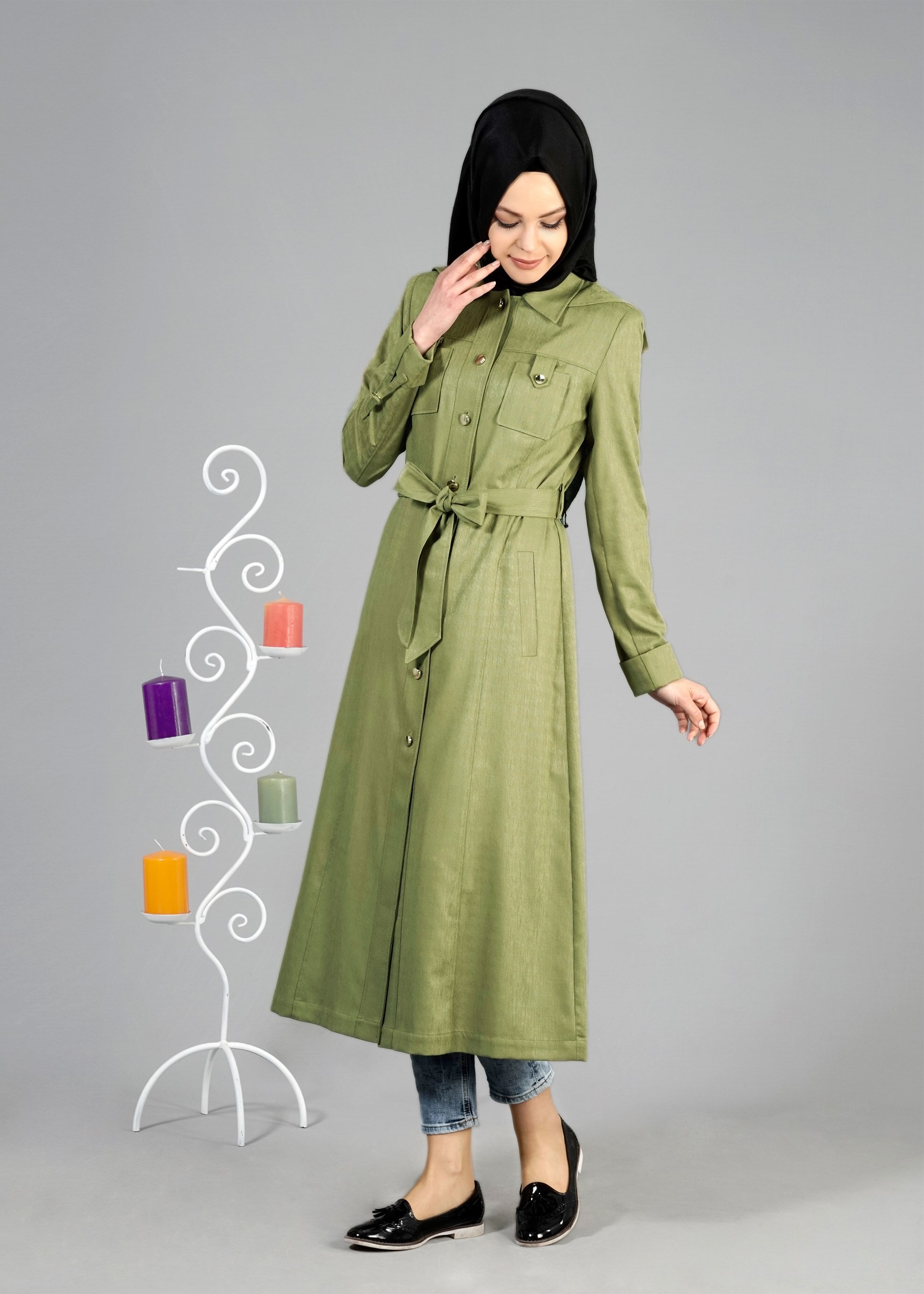 Tesettür giyim YEŞİL 1789 Beril Tesettür 736 Trench 38/46 TEK40