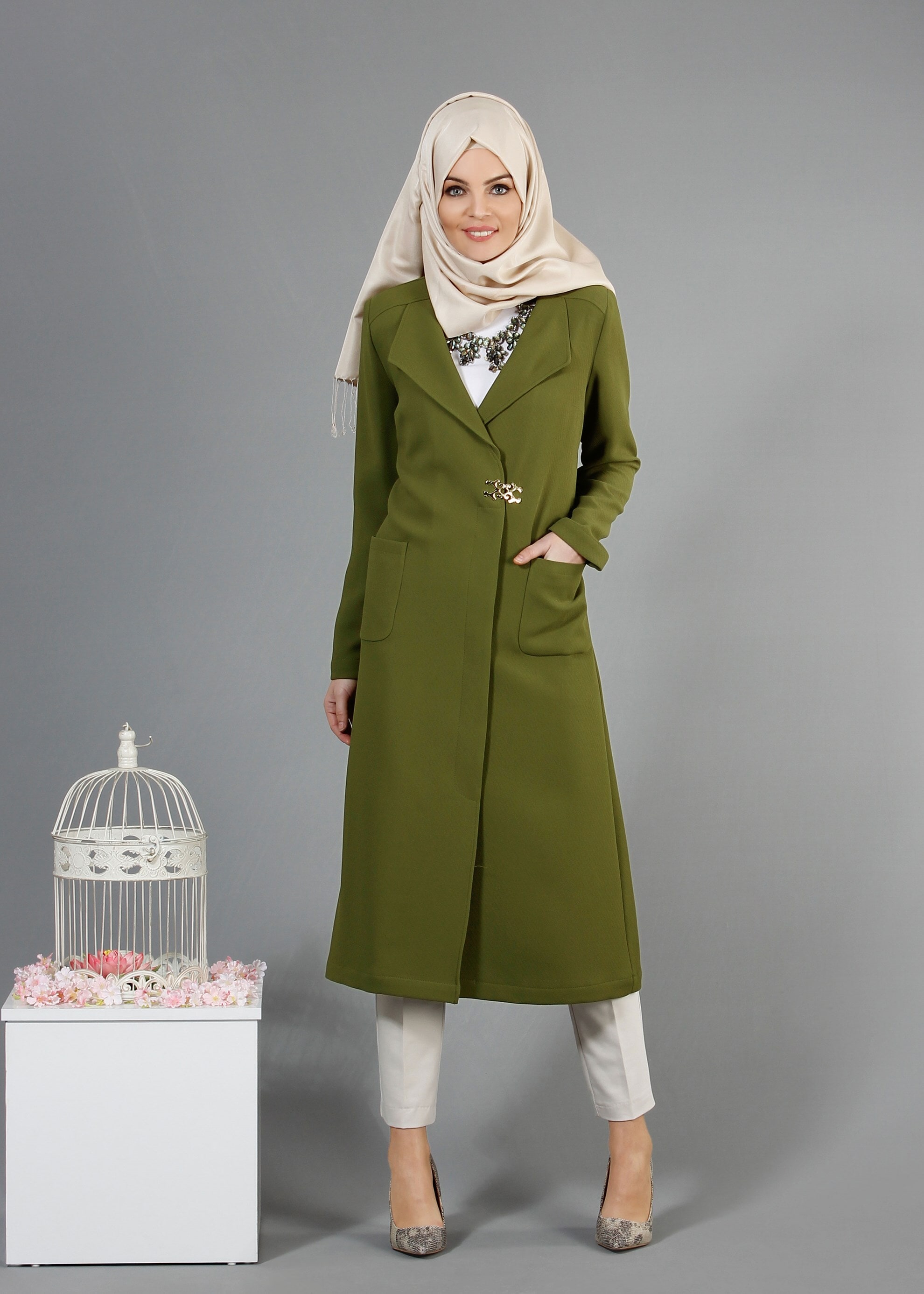 Tesettür giyim YEŞİL 1791 Winter Efsane Tesettür Trench 38/46 TEK40