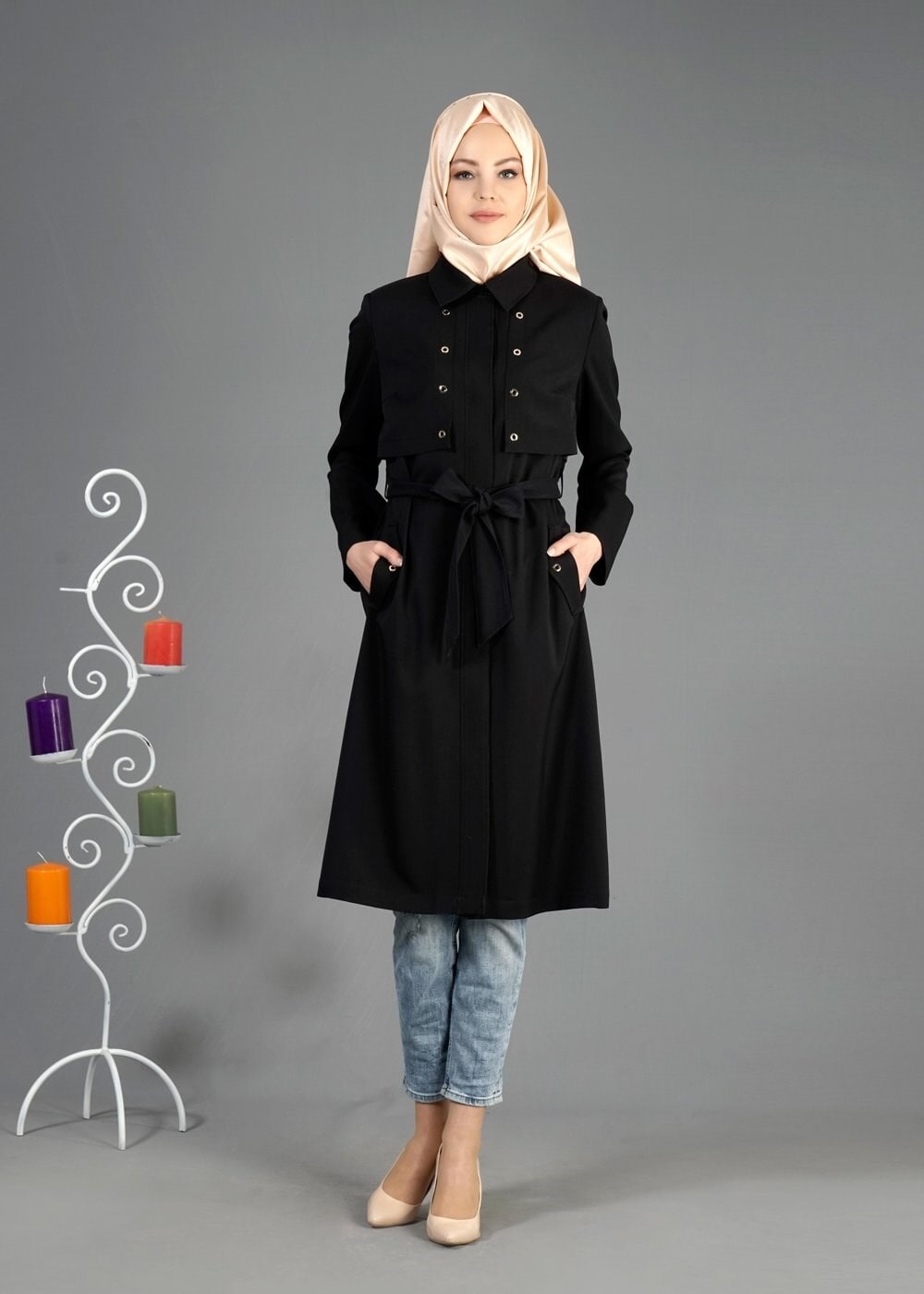 Tesettür giyim SİYAH KUŞGÖZÜ DETAYLI KUŞAKLI TRENÇKOT 1803 
