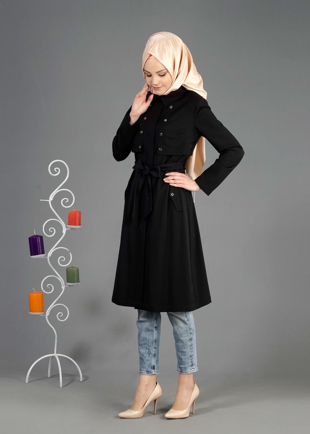 Tesettür giyim SİYAH KUŞGÖZÜ DETAYLI KUŞAKLI TRENÇKOT 1803 